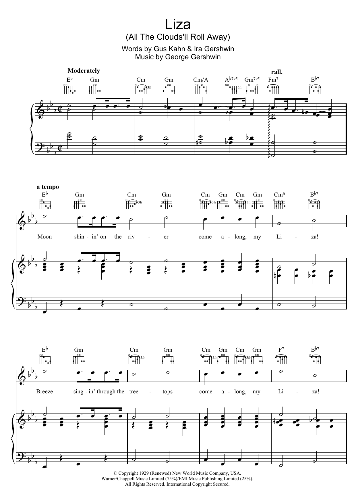 George Gershwin Liza (All The Clouds'll Roll Away) Sheet Music Notes & Chords for Piano, Vocal & Guitar (Right-Hand Melody) - Download or Print PDF