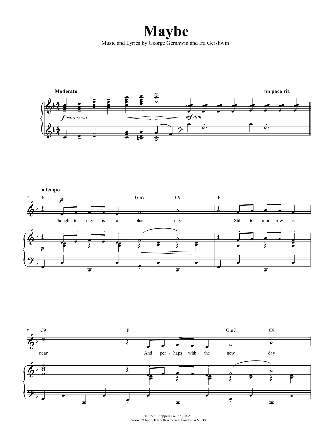 George Gershwin Maybe Sheet Music Notes & Chords for Piano, Vocal & Guitar (Right-Hand Melody) - Download or Print PDF