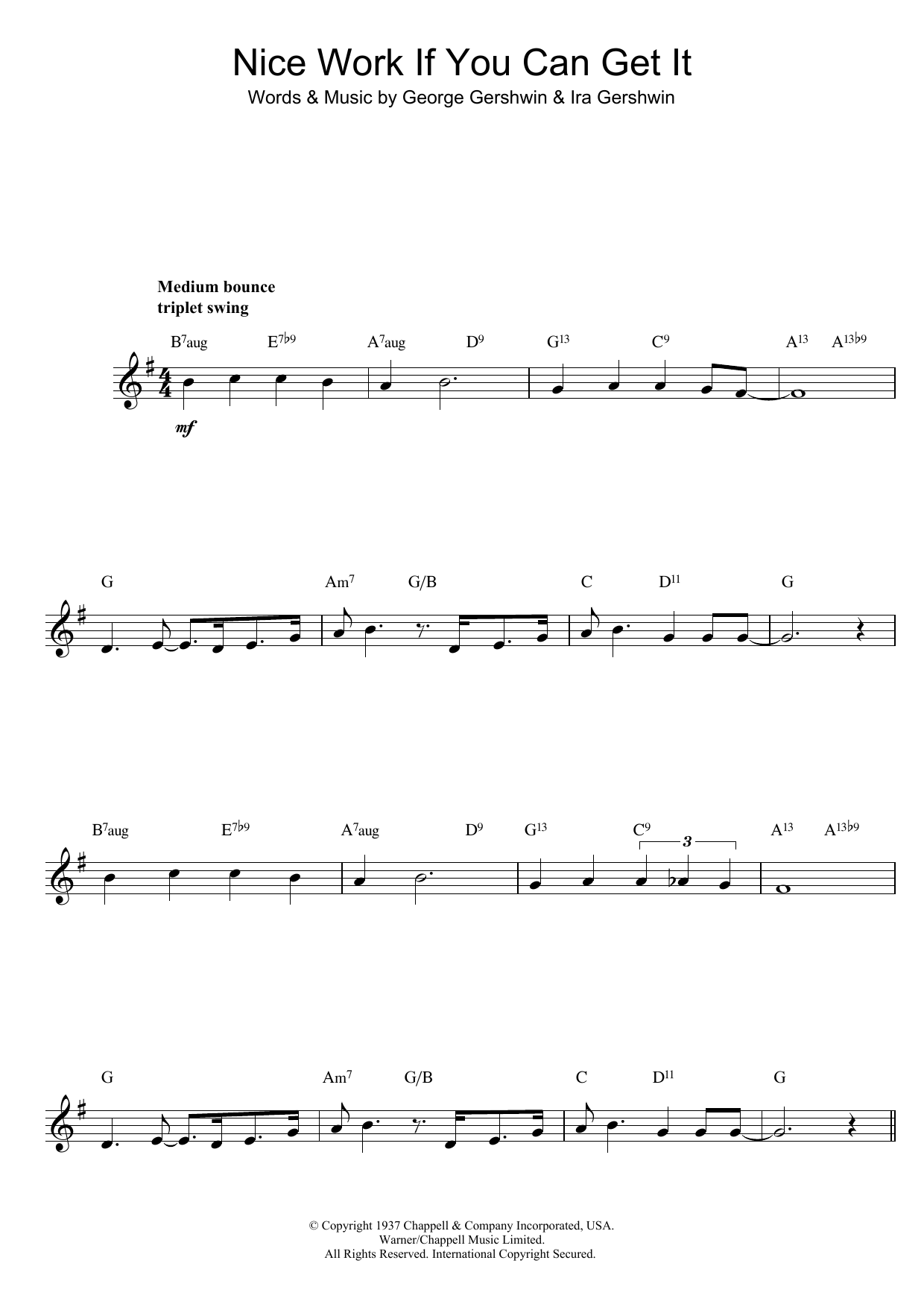 George Gershwin Nice Work If You Can Get It Sheet Music Notes & Chords for Melody Line, Lyrics & Chords - Download or Print PDF