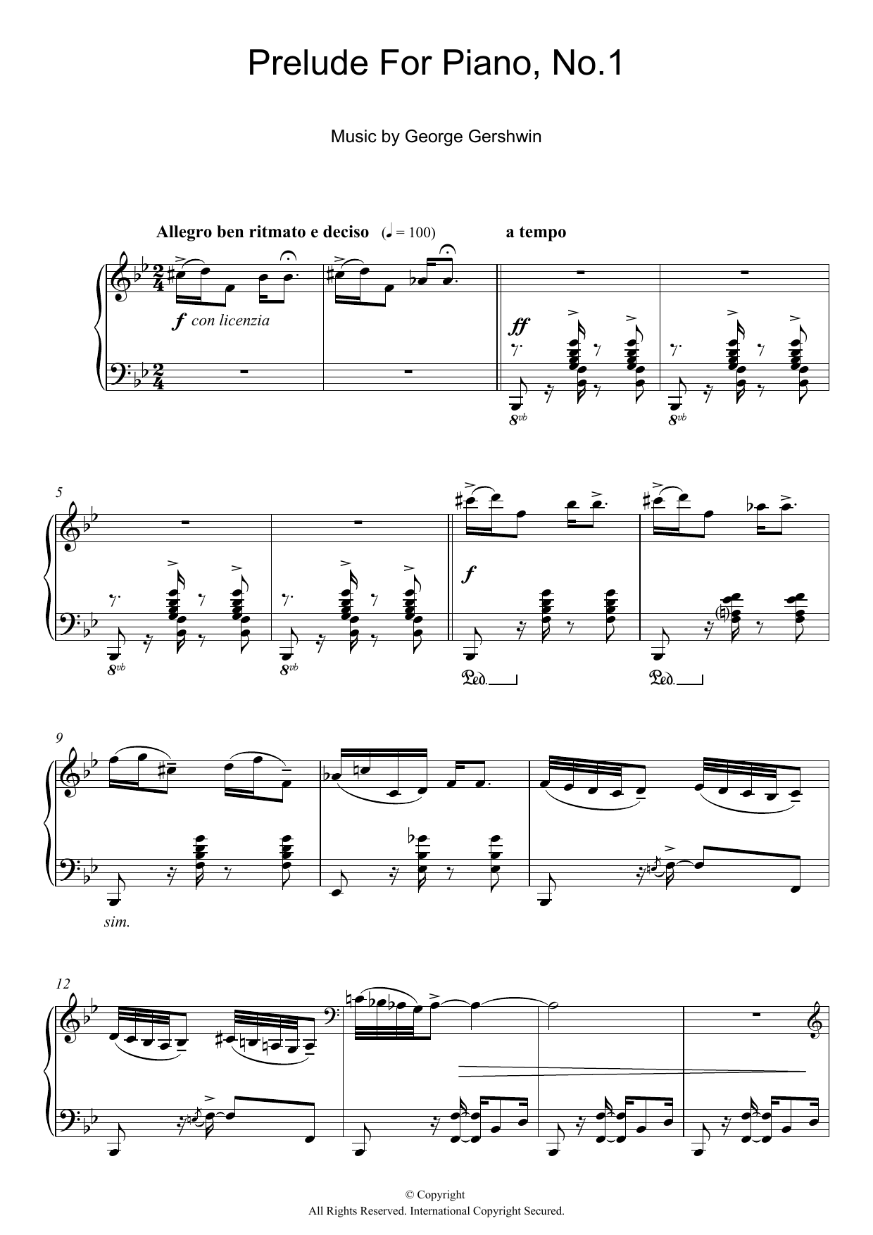George Gershwin Prelude For Piano, No.1 Sheet Music Notes & Chords for Piano Solo - Download or Print PDF