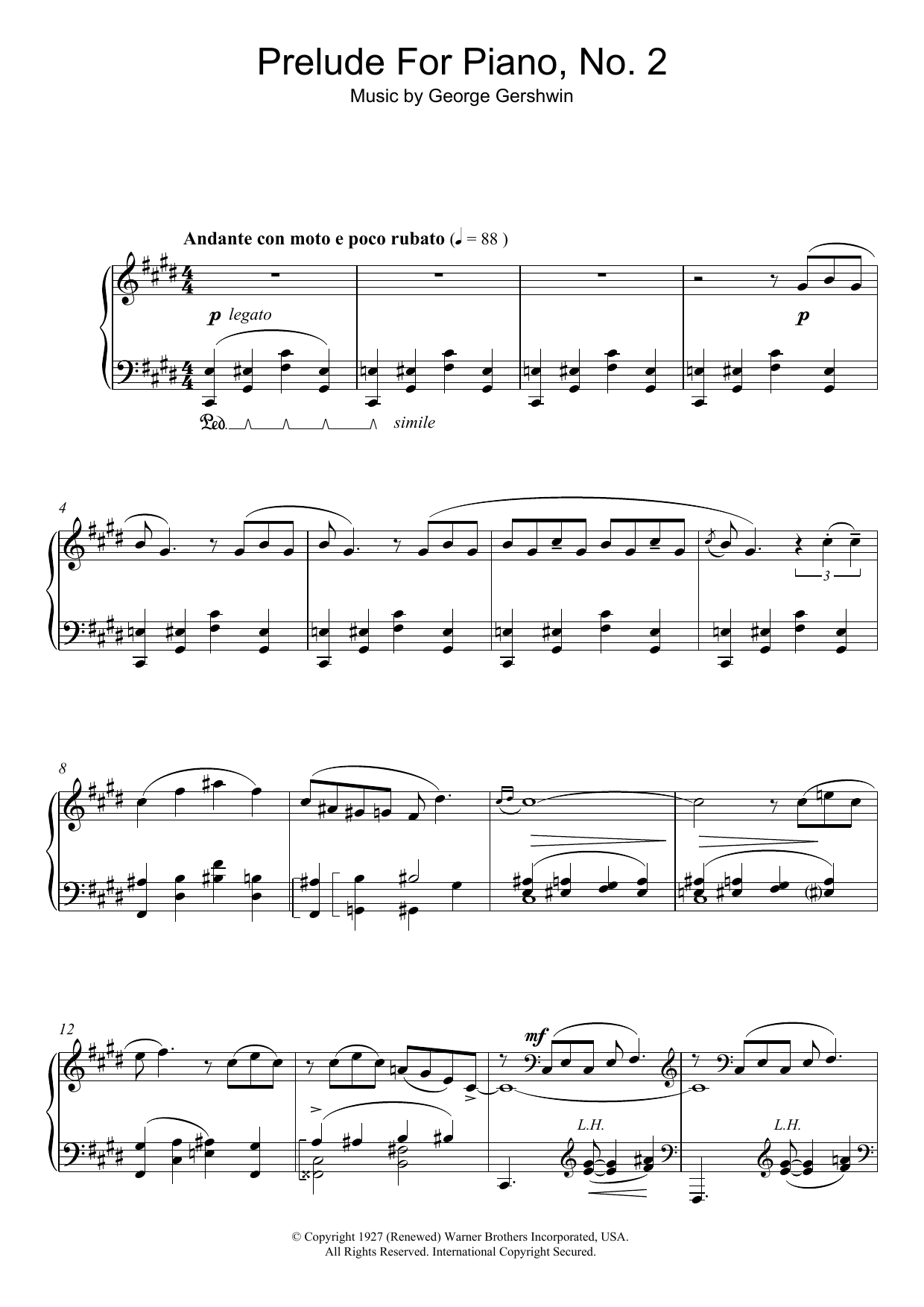 George Gershwin Prelude For Piano, No.2 Sheet Music Notes & Chords for Piano Solo - Download or Print PDF