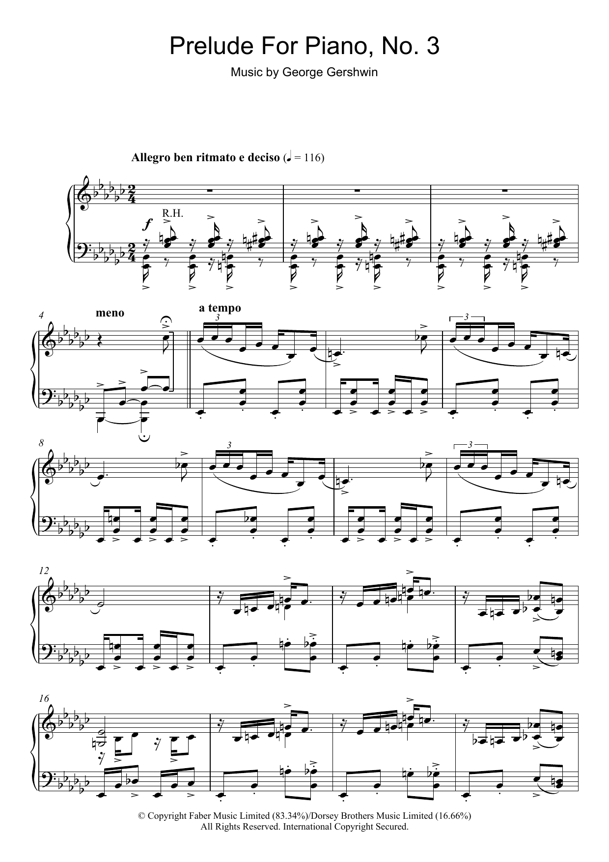 George Gershwin Prelude For Piano, No.3 Sheet Music Notes & Chords for Piano Solo - Download or Print PDF