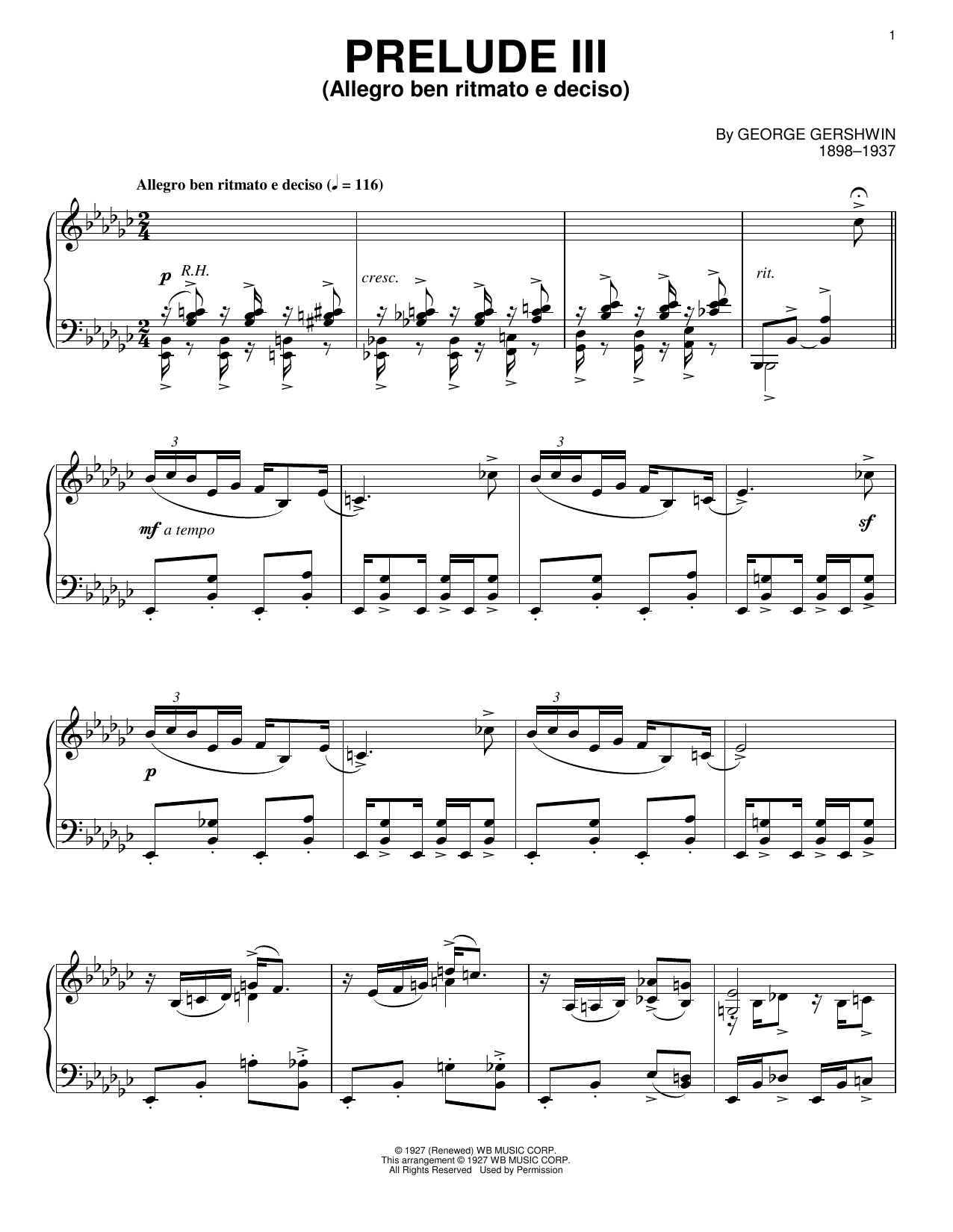 George Gershwin Prelude III (Allegro Ben Ritmato E Deciso) Sheet Music Notes & Chords for Piano Solo - Download or Print PDF