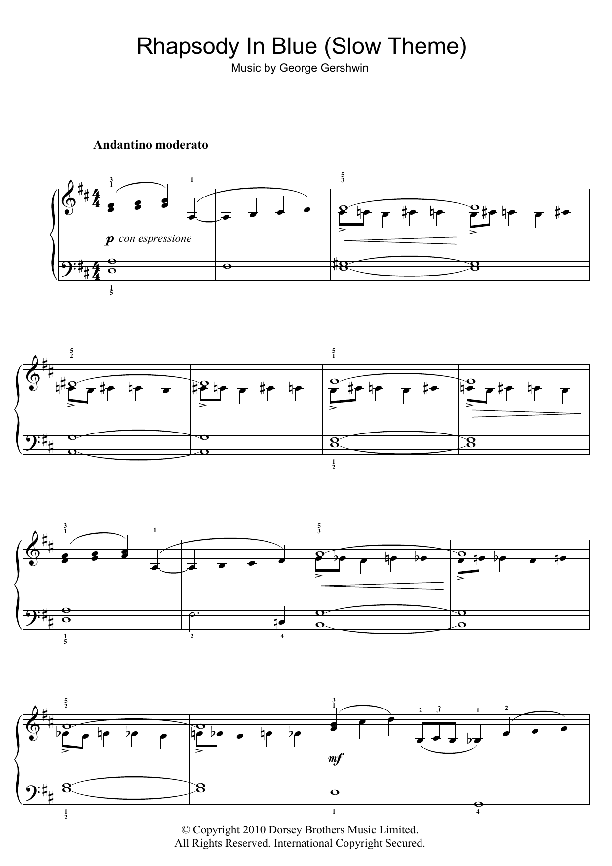 George Gershwin Rhapsody In Blue (Slow Theme) Sheet Music Notes & Chords for Easy Piano - Download or Print PDF