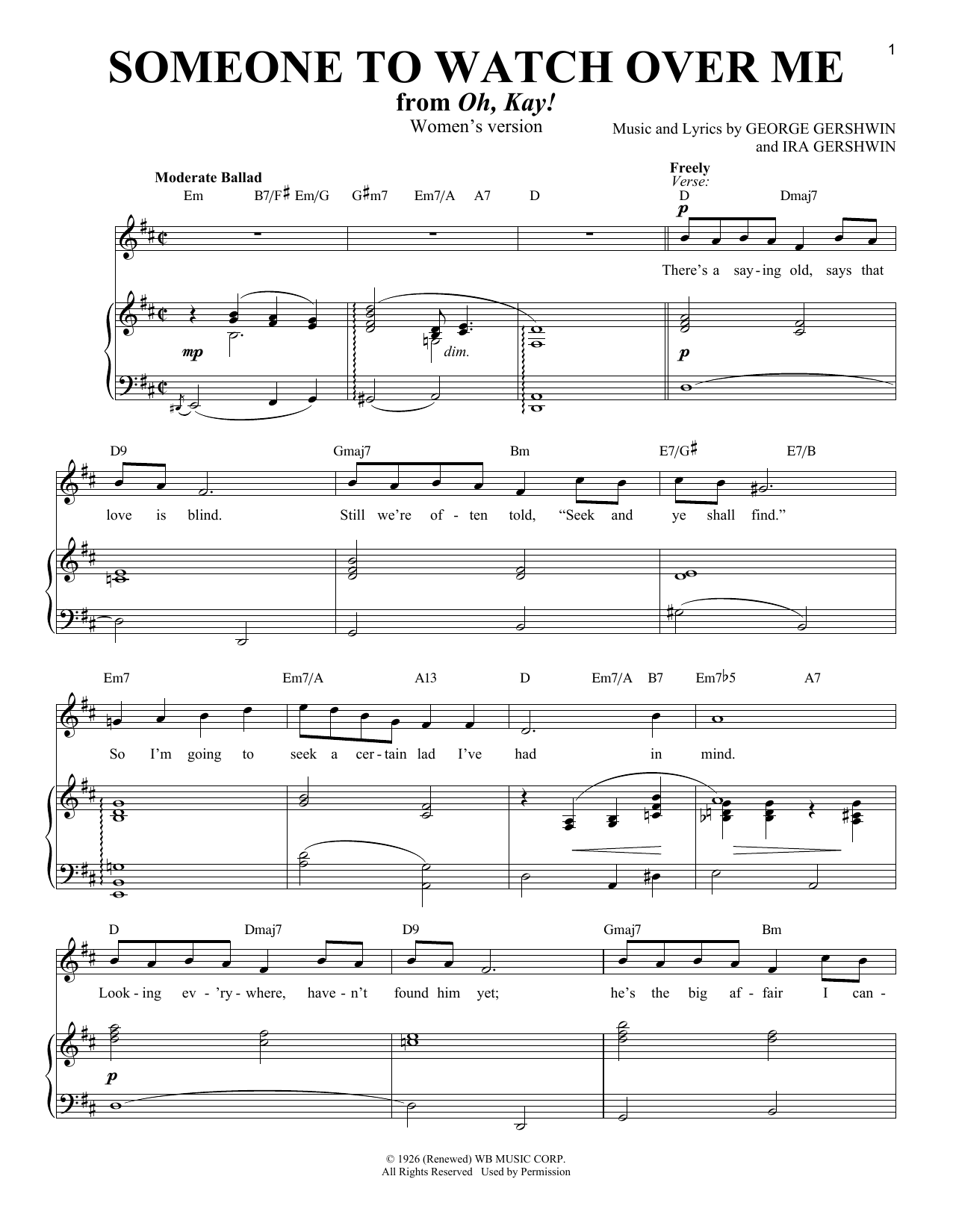 George Gershwin Someone To Watch Over Me (from Oh, Kay!) [Women's version] Sheet Music Notes & Chords for Piano & Vocal - Download or Print PDF