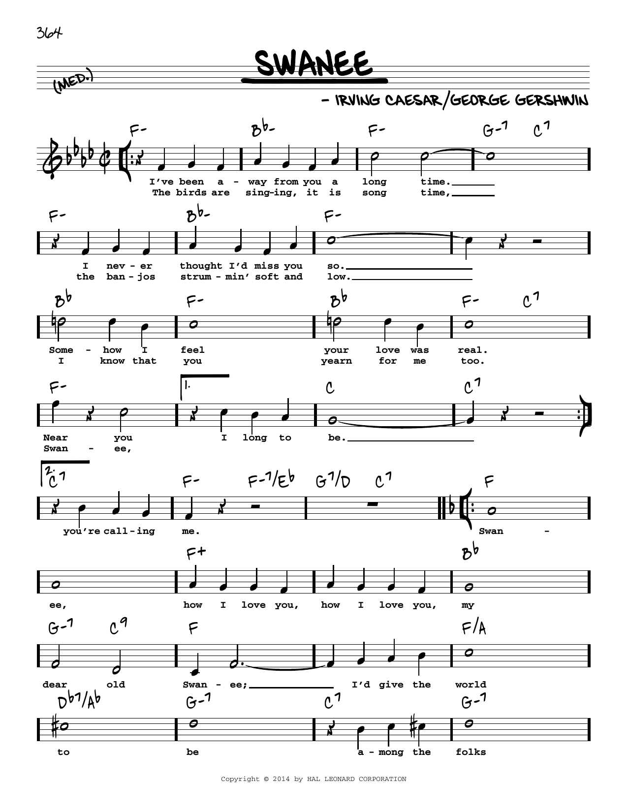George Gershwin Swanee (High Voice) Sheet Music Notes & Chords for Real Book – Melody, Lyrics & Chords - Download or Print PDF