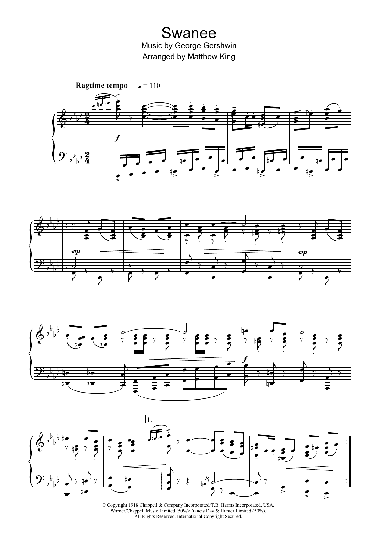 George Gershwin Swanee Sheet Music Notes & Chords for Piano, Vocal & Guitar (Right-Hand Melody) - Download or Print PDF