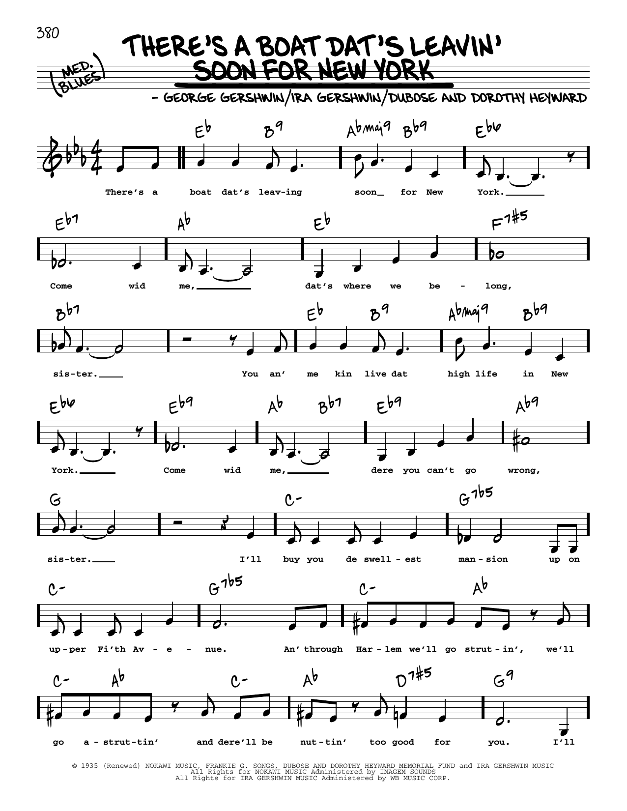 George Gershwin There's A Boat Dat's Leavin' Soon For New York (Low Voice) Sheet Music Notes & Chords for Real Book – Melody, Lyrics & Chords - Download or Print PDF