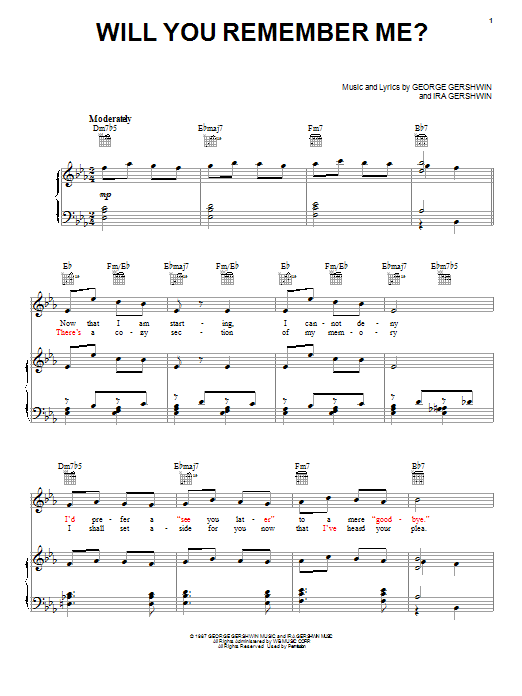 George Gershwin Will You Remember Me? Sheet Music Notes & Chords for Piano, Vocal & Guitar (Right-Hand Melody) - Download or Print PDF