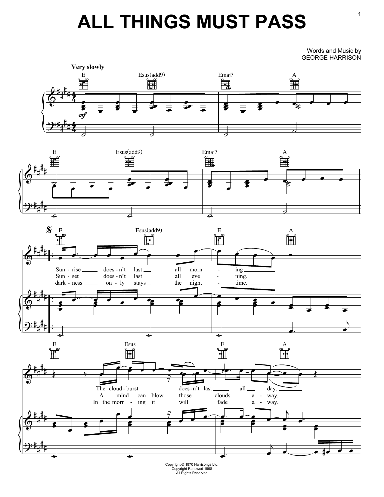 George Harrison All Things Must Pass Sheet Music Notes & Chords for Piano, Vocal & Guitar (Right-Hand Melody) - Download or Print PDF