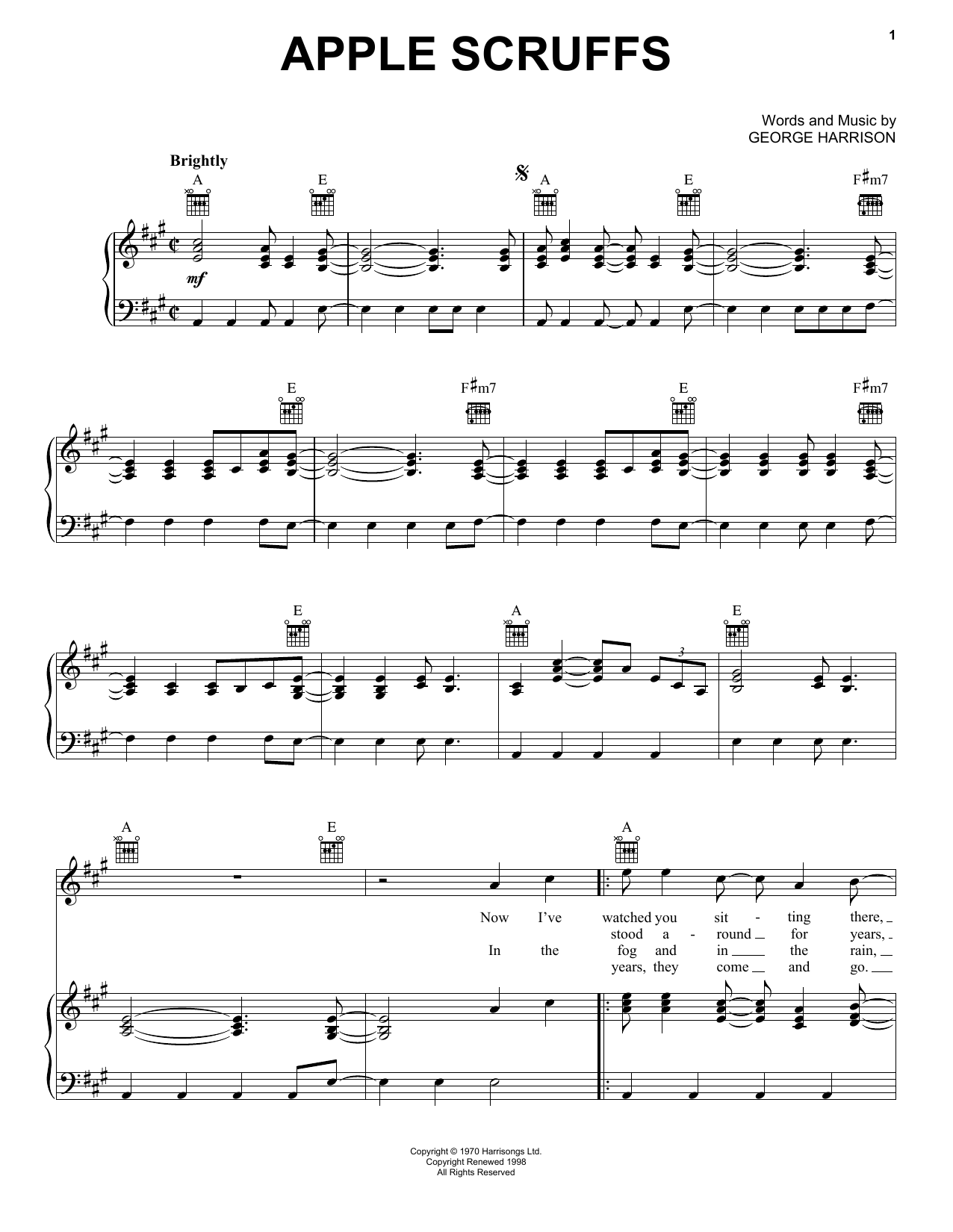 George Harrison Apple Scruffs Sheet Music Notes & Chords for Piano, Vocal & Guitar (Right-Hand Melody) - Download or Print PDF