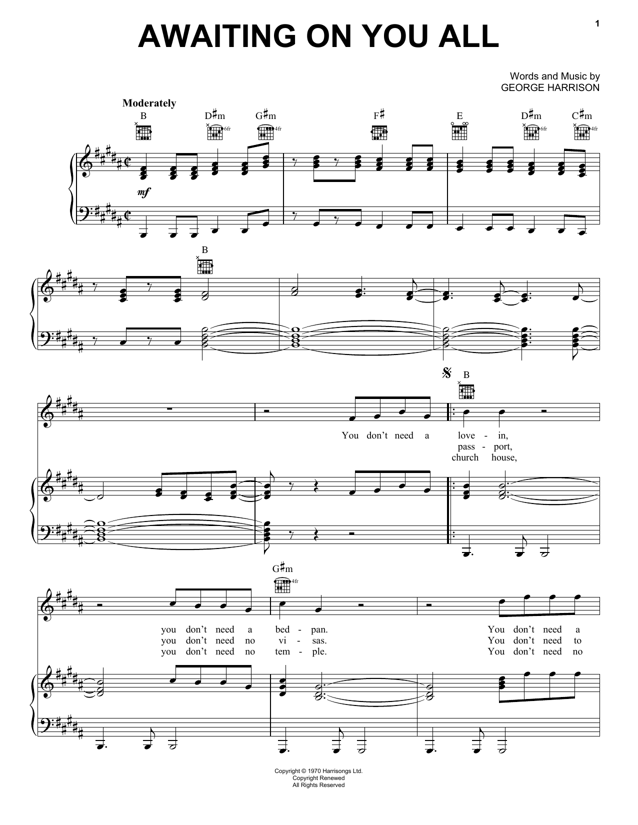 George Harrison Awaiting On You All Sheet Music Notes & Chords for Piano, Vocal & Guitar (Right-Hand Melody) - Download or Print PDF