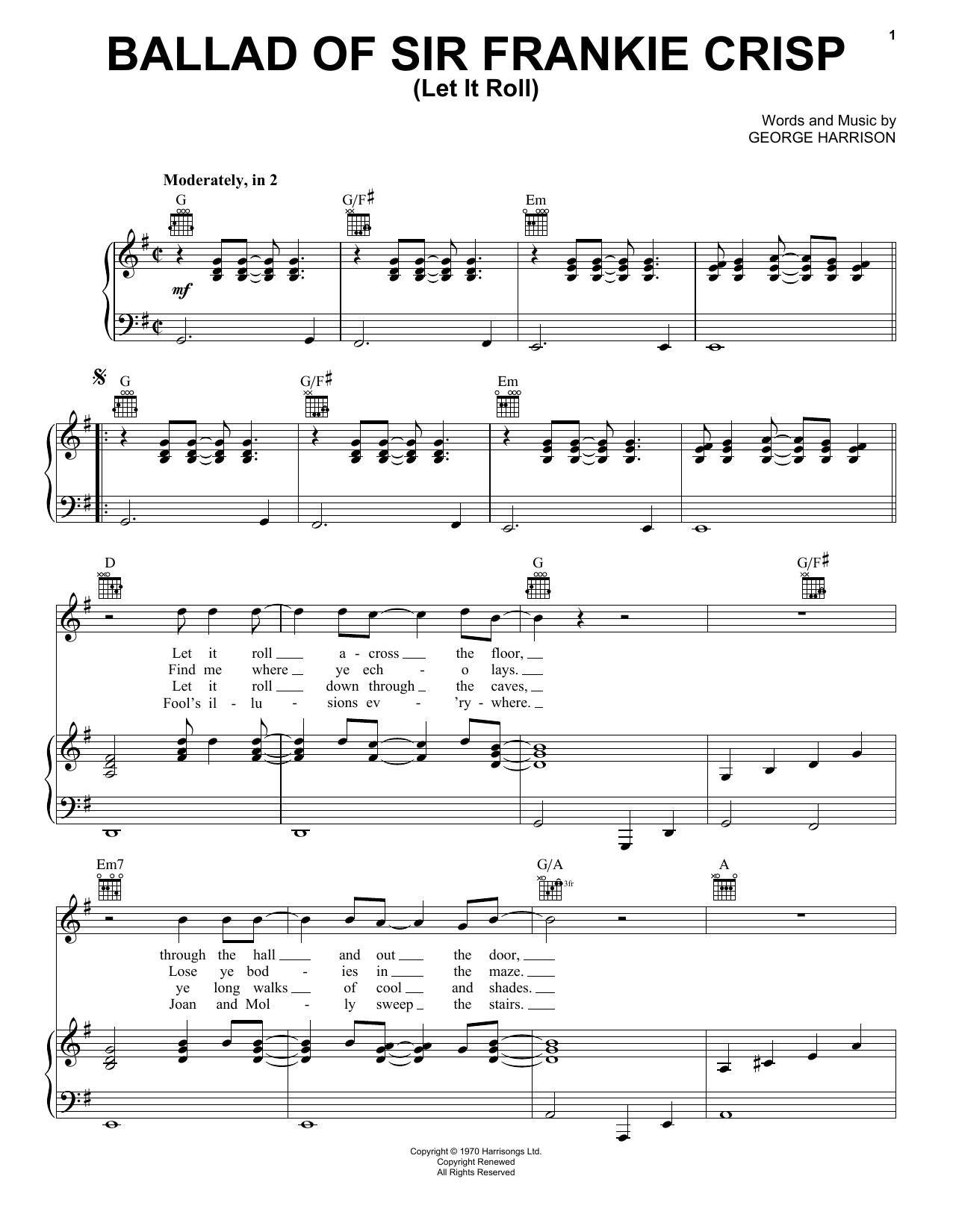 George Harrison Ballad Of Sir Frankie Crisp (Let It Roll) Sheet Music Notes & Chords for Piano, Vocal & Guitar (Right-Hand Melody) - Download or Print PDF
