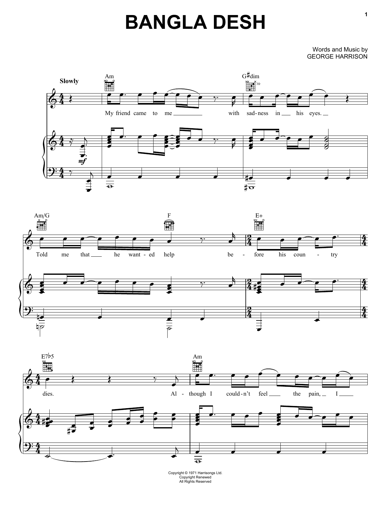 George Harrison Bangla Desh Sheet Music Notes & Chords for Piano, Vocal & Guitar (Right-Hand Melody) - Download or Print PDF