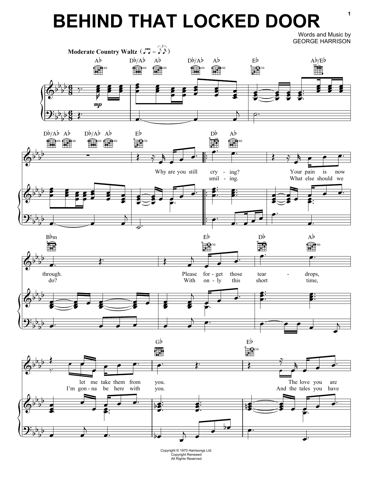 George Harrison Behind That Locked Door Sheet Music Notes & Chords for Piano, Vocal & Guitar (Right-Hand Melody) - Download or Print PDF