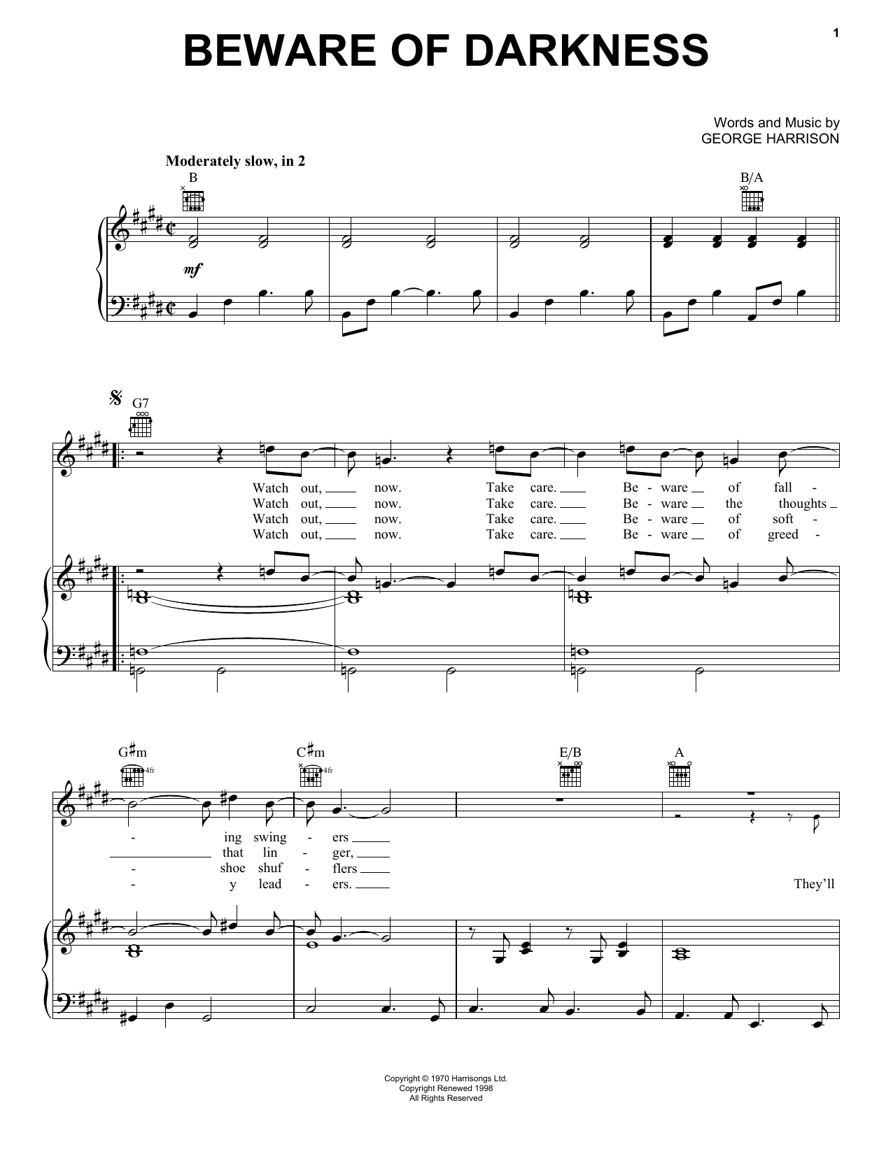 George Harrison Beware Of Darkness Sheet Music Notes & Chords for Piano, Vocal & Guitar (Right-Hand Melody) - Download or Print PDF