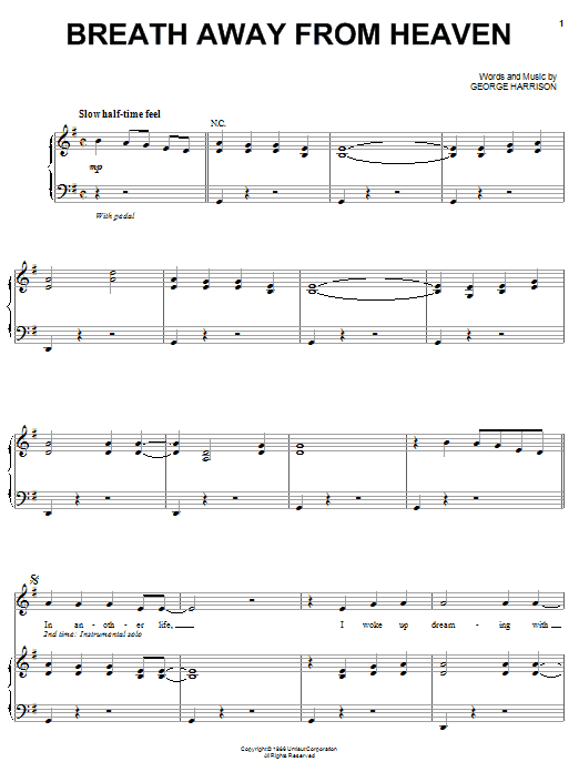 George Harrison Breath Away From Heaven Sheet Music Notes & Chords for Piano, Vocal & Guitar (Right-Hand Melody) - Download or Print PDF