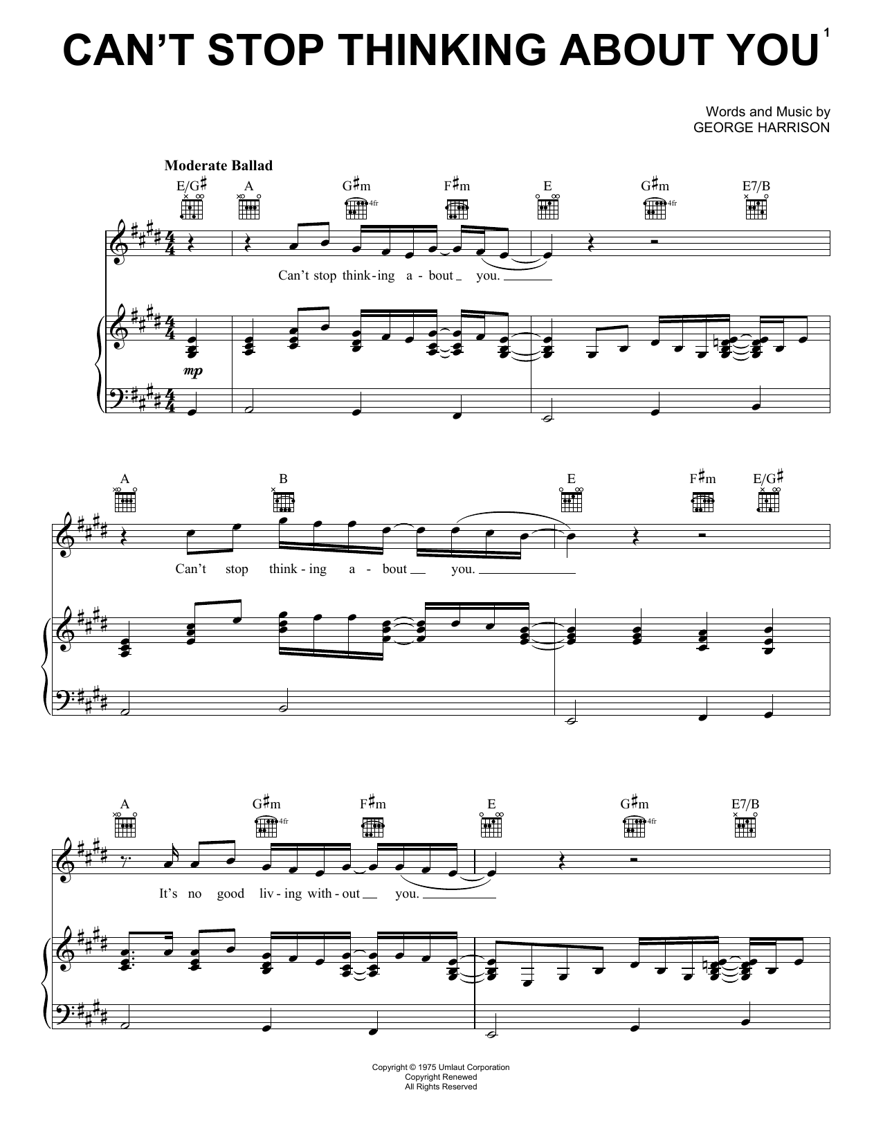 George Harrison Can't Stop Thinking About You Sheet Music Notes & Chords for Piano, Vocal & Guitar (Right-Hand Melody) - Download or Print PDF