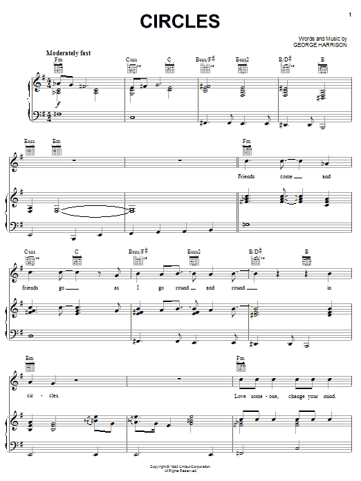 George Harrison Circles Sheet Music Notes & Chords for Piano, Vocal & Guitar (Right-Hand Melody) - Download or Print PDF