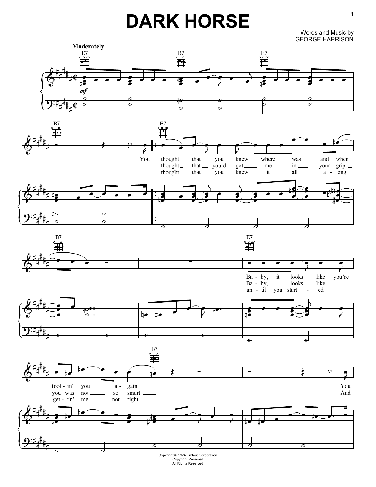 George Harrison Dark Horse Sheet Music Notes & Chords for Piano, Vocal & Guitar (Right-Hand Melody) - Download or Print PDF
