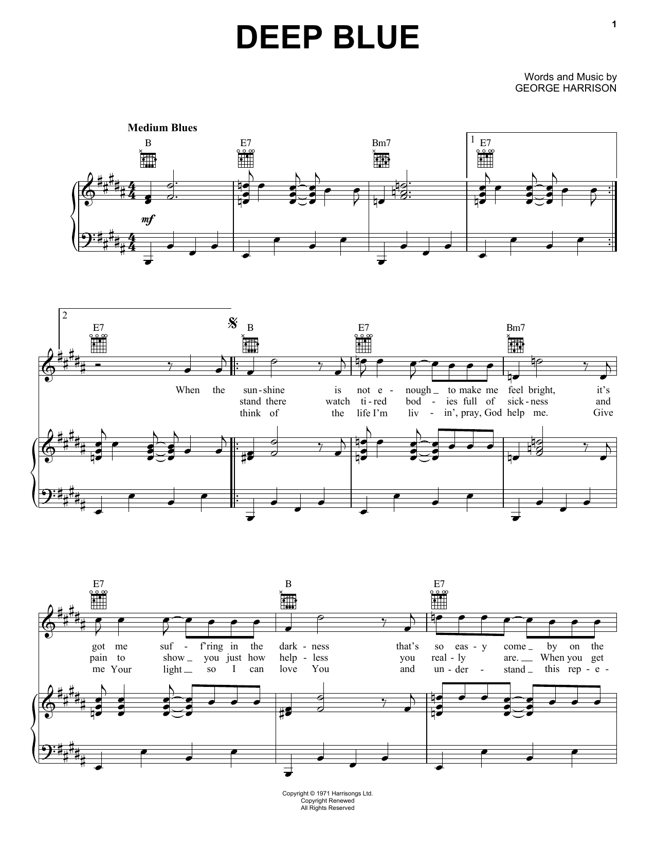 George Harrison Deep Blue Sheet Music Notes & Chords for Piano, Vocal & Guitar (Right-Hand Melody) - Download or Print PDF