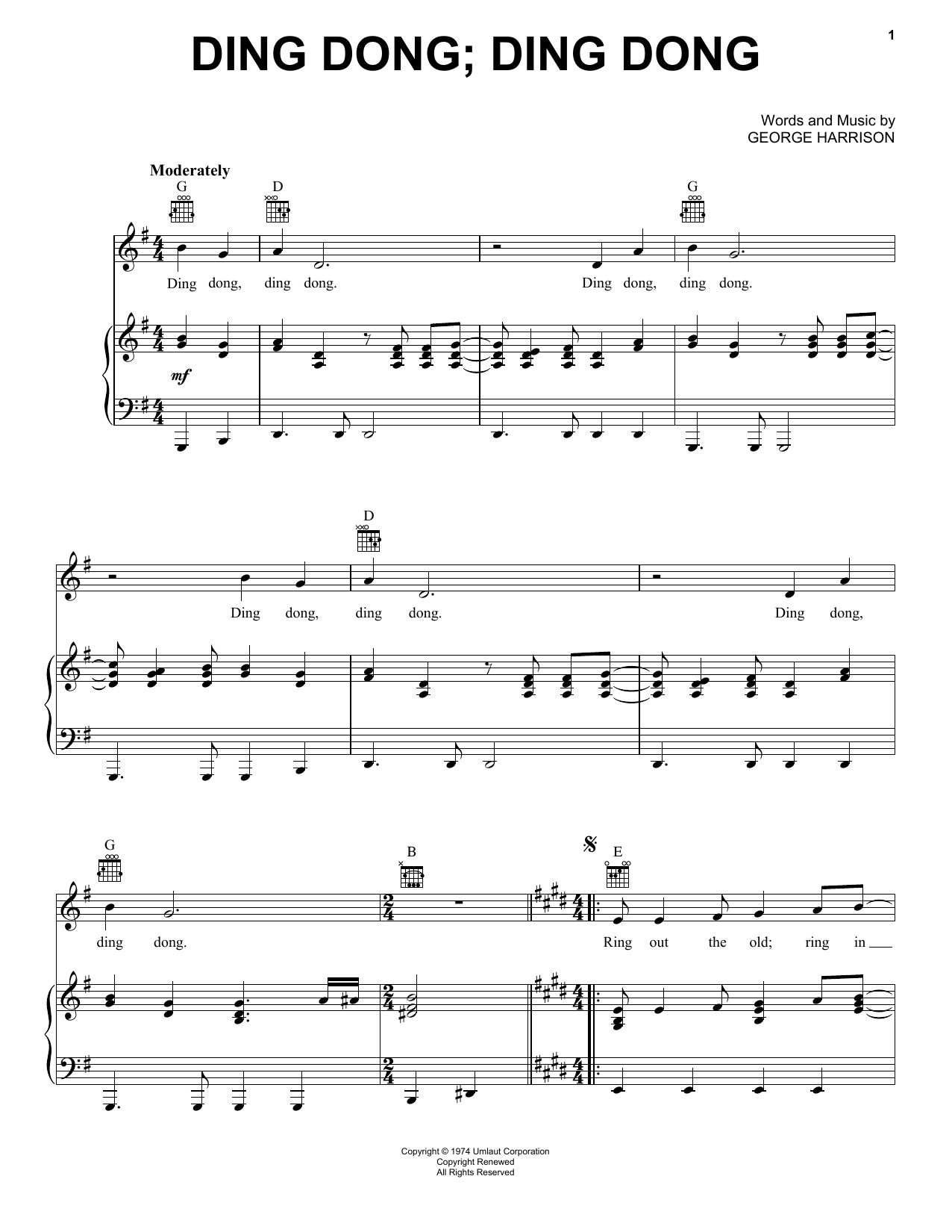 George Harrison Ding Dong; Ding Dong Sheet Music Notes & Chords for Piano, Vocal & Guitar (Right-Hand Melody) - Download or Print PDF