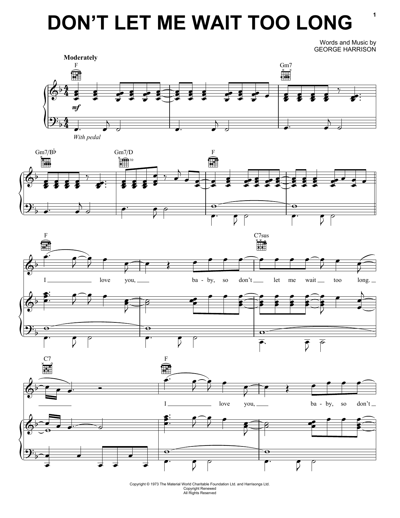 George Harrison Don't Let Me Wait Too Long Sheet Music Notes & Chords for Piano, Vocal & Guitar (Right-Hand Melody) - Download or Print PDF