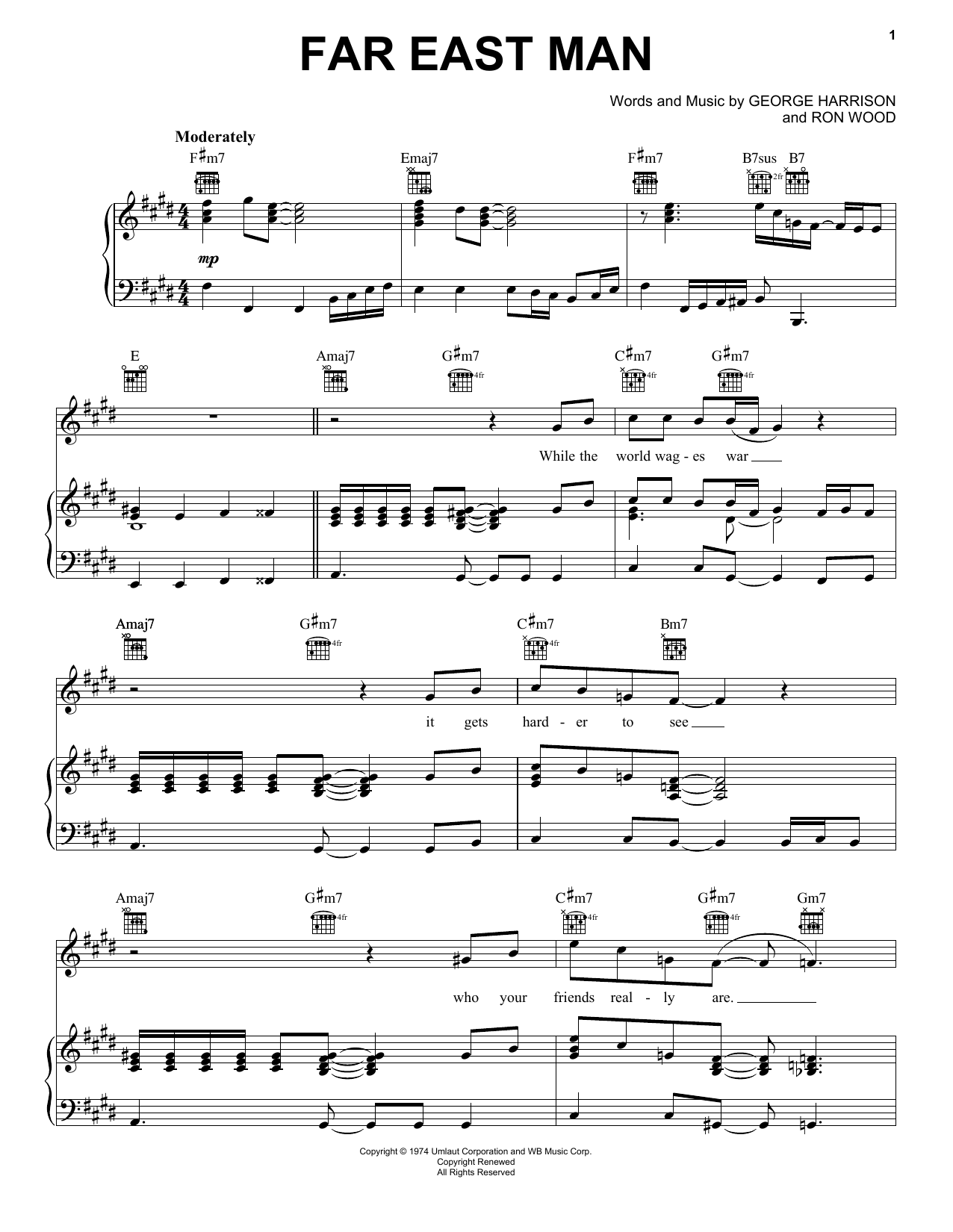 George Harrison Far East Man Sheet Music Notes & Chords for Piano, Vocal & Guitar (Right-Hand Melody) - Download or Print PDF