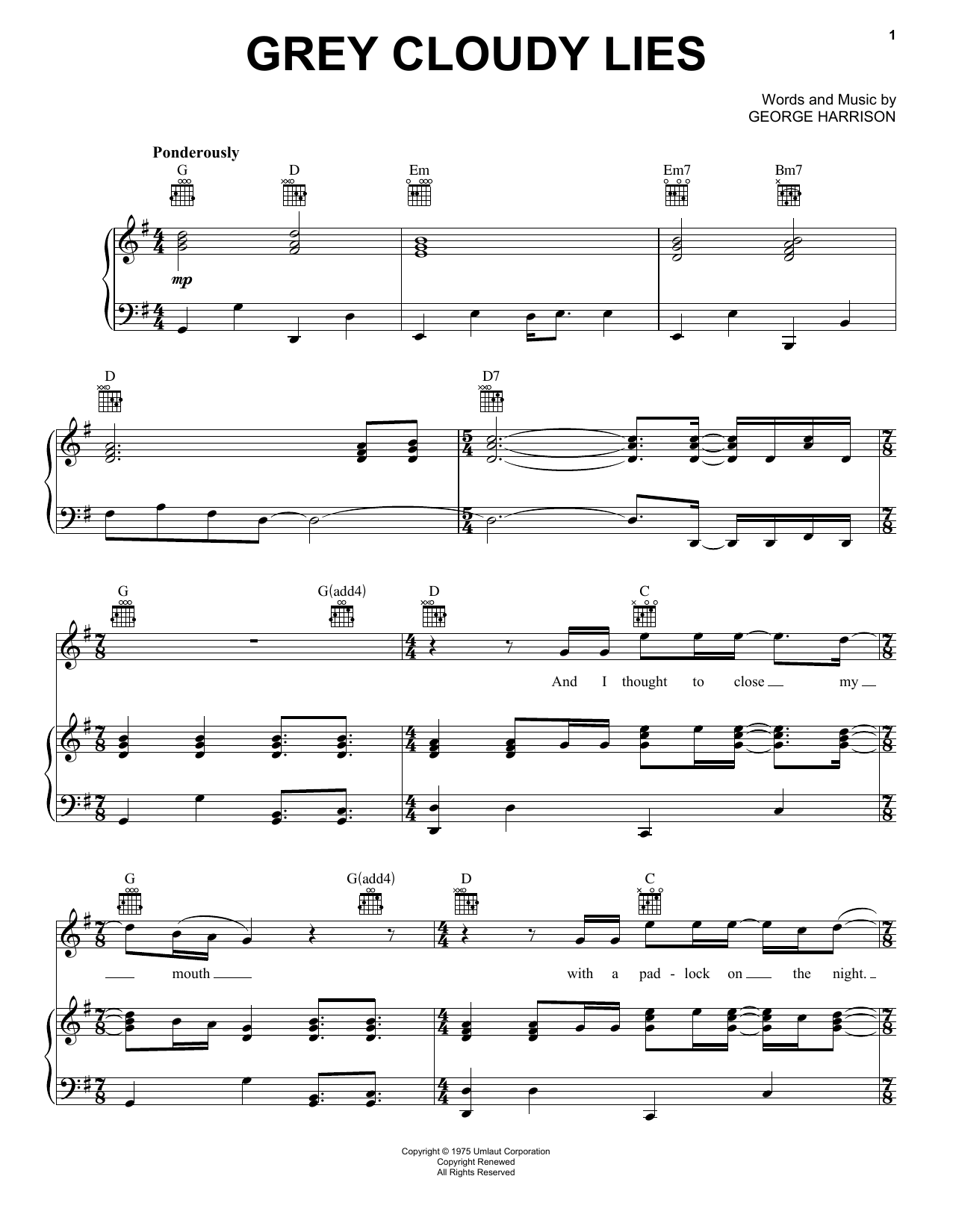 George Harrison Grey Cloudy Lies Sheet Music Notes & Chords for Piano, Vocal & Guitar (Right-Hand Melody) - Download or Print PDF