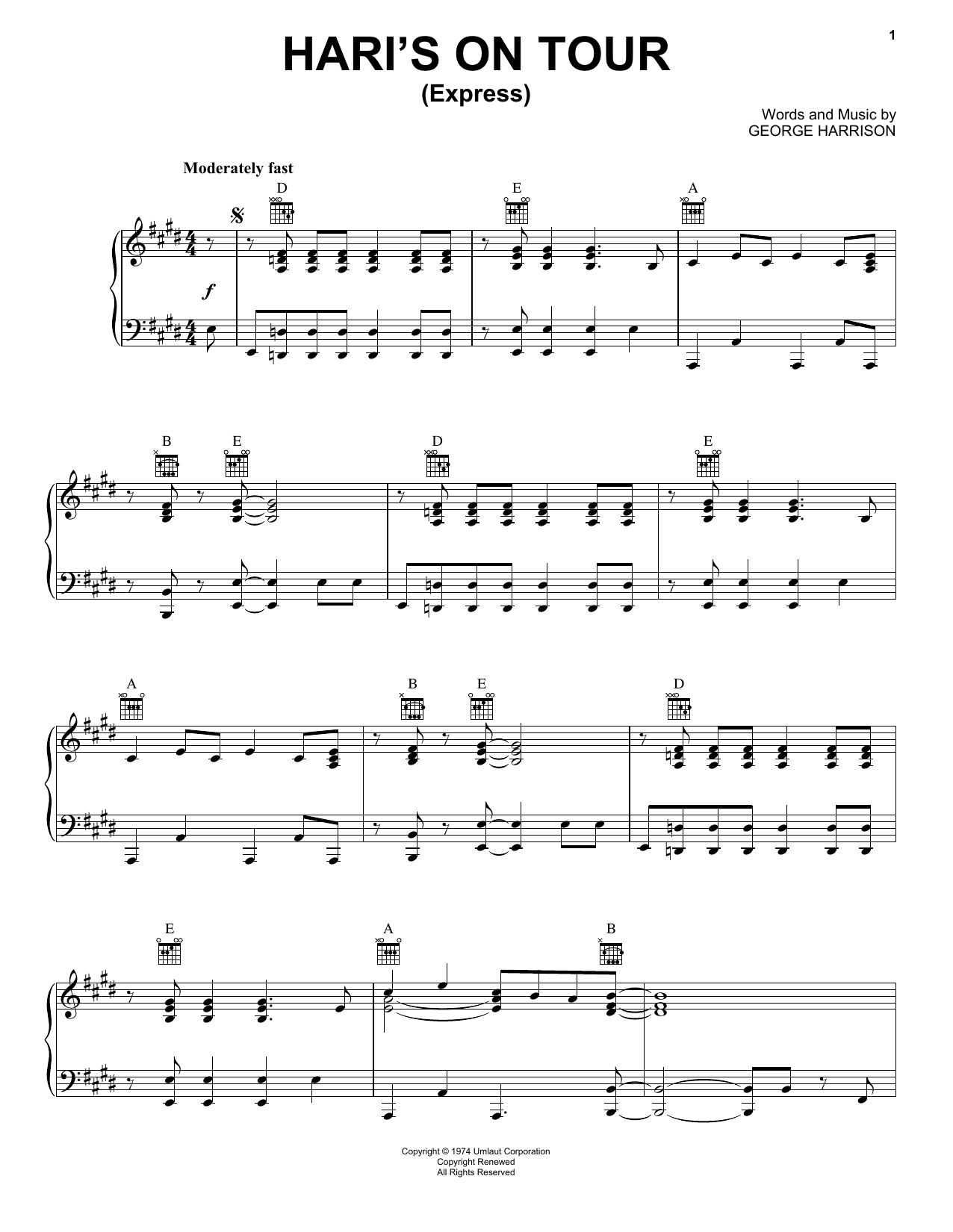 George Harrison Hari's On Tour (Express) Sheet Music Notes & Chords for Piano - Download or Print PDF