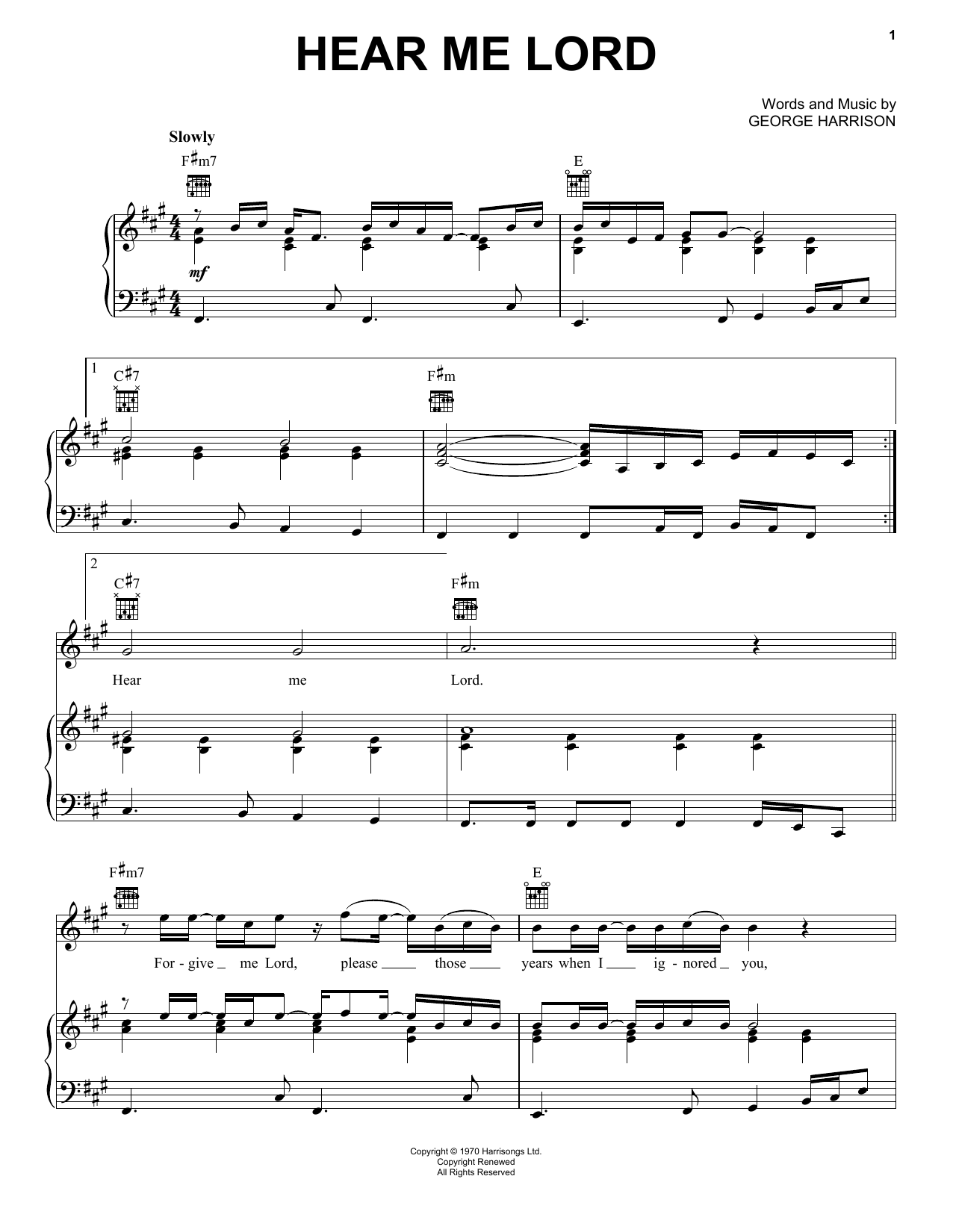 George Harrison Hear Me Lord Sheet Music Notes & Chords for Piano, Vocal & Guitar (Right-Hand Melody) - Download or Print PDF