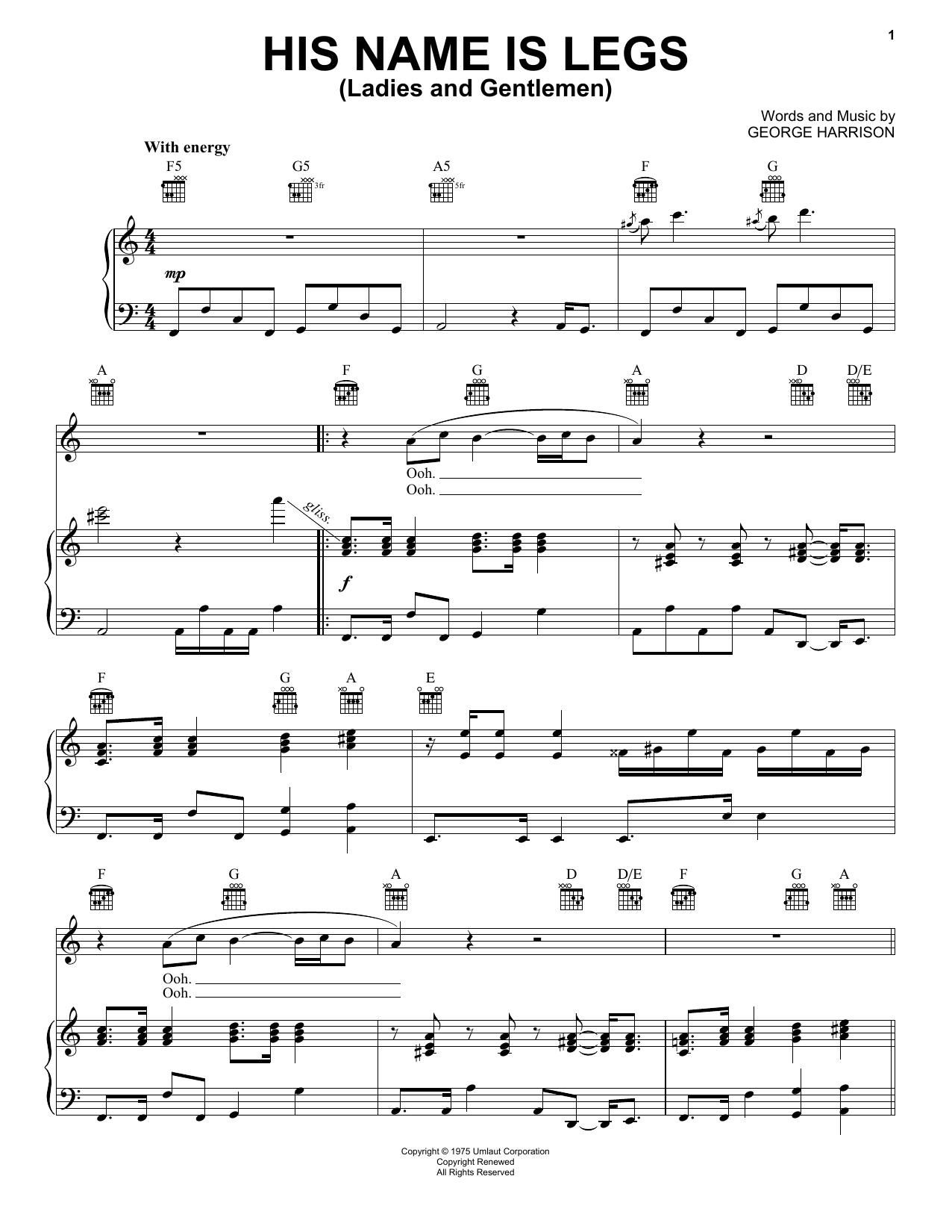 George Harrison His Name Is Legs (Ladies And Gentlemen) Sheet Music Notes & Chords for Piano, Vocal & Guitar (Right-Hand Melody) - Download or Print PDF