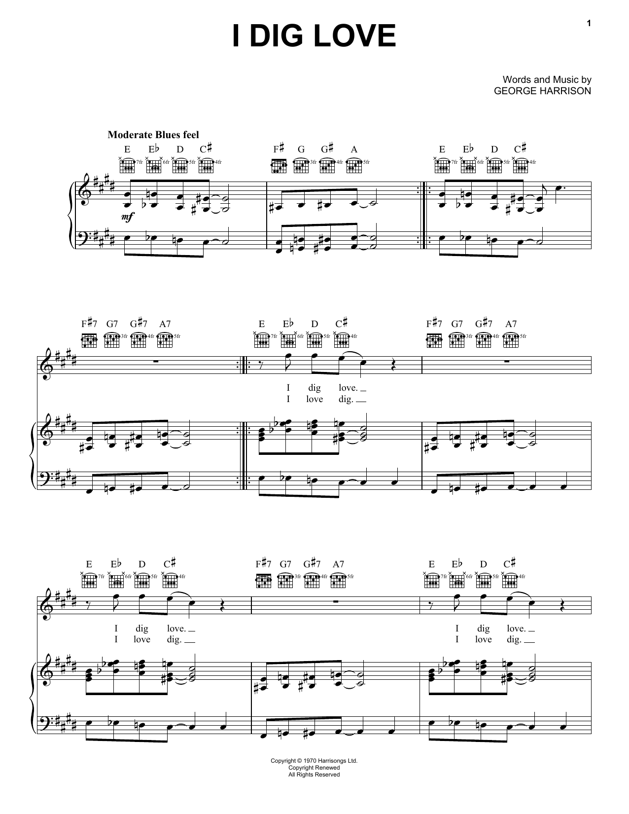 George Harrison I Dig Love Sheet Music Notes & Chords for Piano, Vocal & Guitar (Right-Hand Melody) - Download or Print PDF