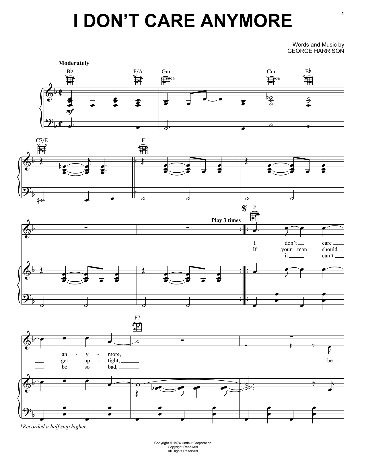 George Harrison I Don't Care Anymore Sheet Music Notes & Chords for Piano, Vocal & Guitar (Right-Hand Melody) - Download or Print PDF