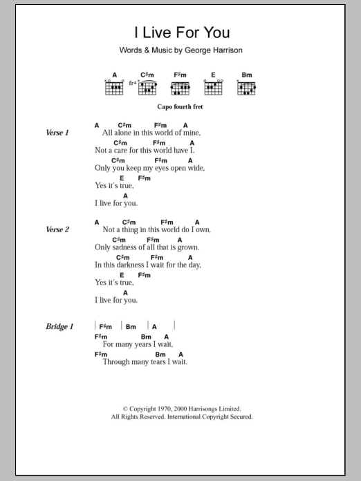 George Harrison I Live For You Sheet Music Notes & Chords for Lyrics & Chords - Download or Print PDF