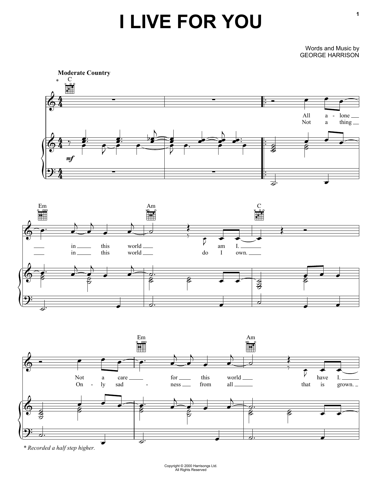 George Harrison I Live For You Sheet Music Notes & Chords for Lyrics & Chords - Download or Print PDF