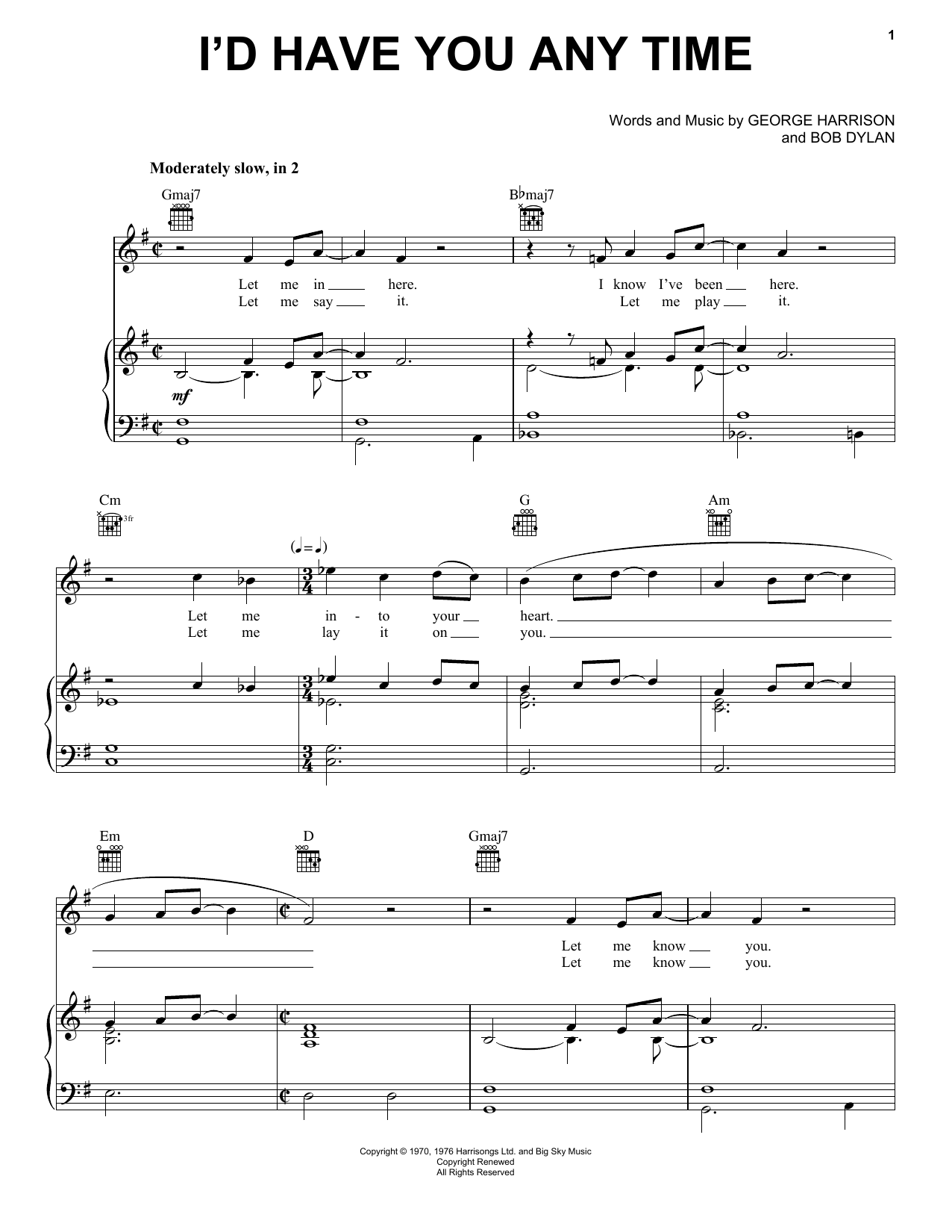 George Harrison I'd Have You Any Time Sheet Music Notes & Chords for Piano, Vocal & Guitar (Right-Hand Melody) - Download or Print PDF
