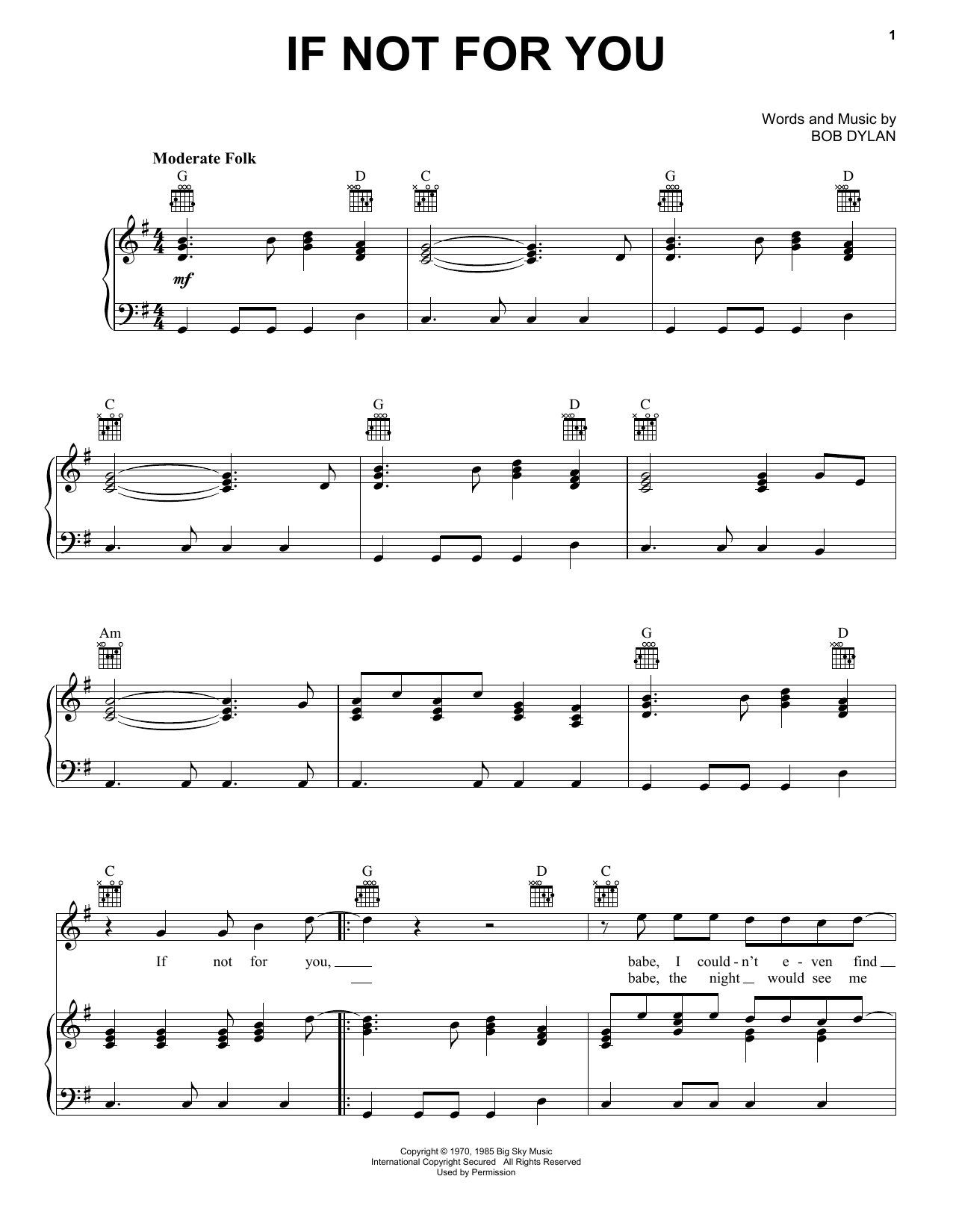 George Harrison If Not For You Sheet Music Notes & Chords for Piano, Vocal & Guitar (Right-Hand Melody) - Download or Print PDF