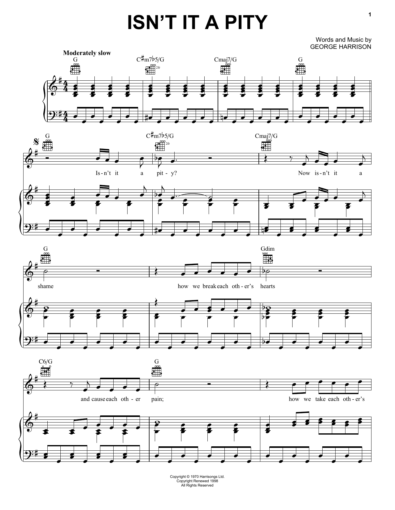 George Harrison Isn't It A Pity Sheet Music Notes & Chords for Piano, Vocal & Guitar (Right-Hand Melody) - Download or Print PDF