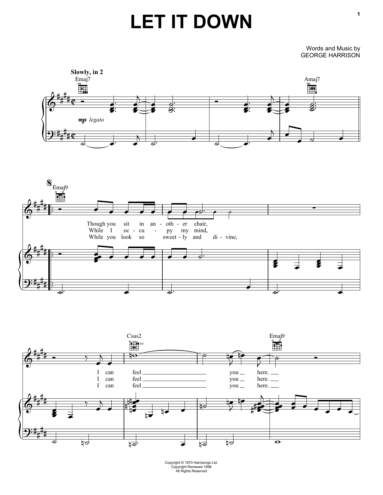 George Harrison Let It Down Sheet Music Notes & Chords for Piano, Vocal & Guitar (Right-Hand Melody) - Download or Print PDF