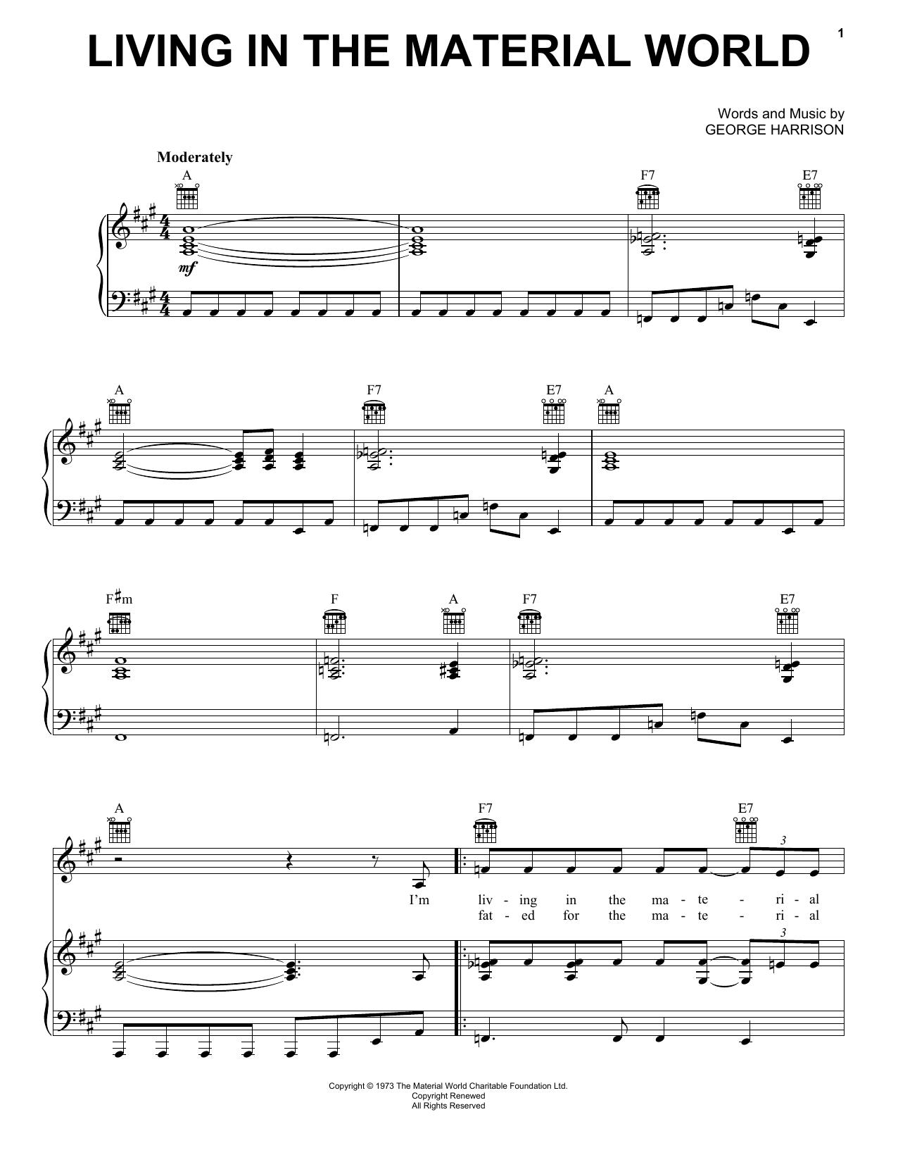 George Harrison Living In The Material World Sheet Music Notes & Chords for Piano, Vocal & Guitar (Right-Hand Melody) - Download or Print PDF