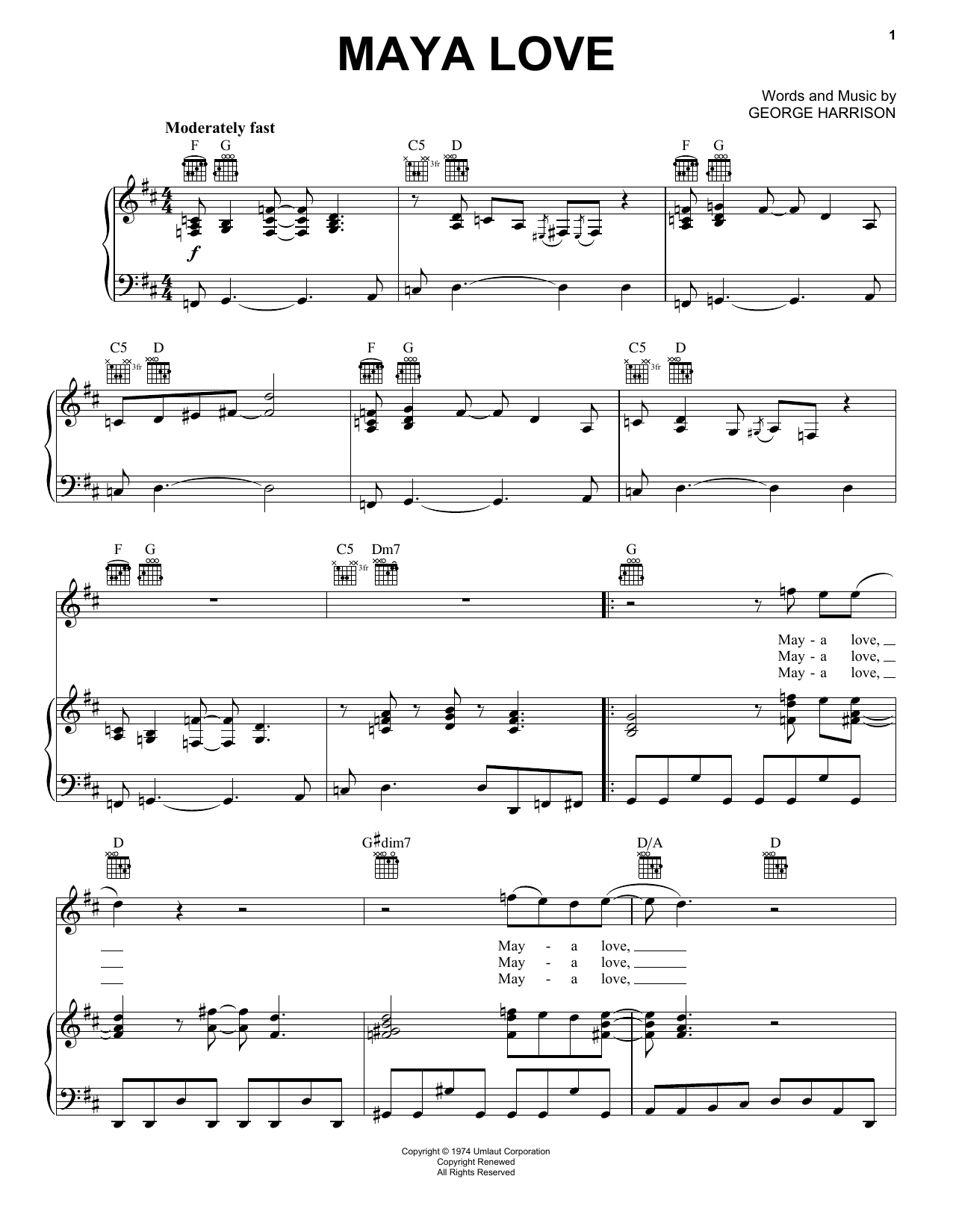George Harrison Maya Love Sheet Music Notes & Chords for Piano, Vocal & Guitar (Right-Hand Melody) - Download or Print PDF