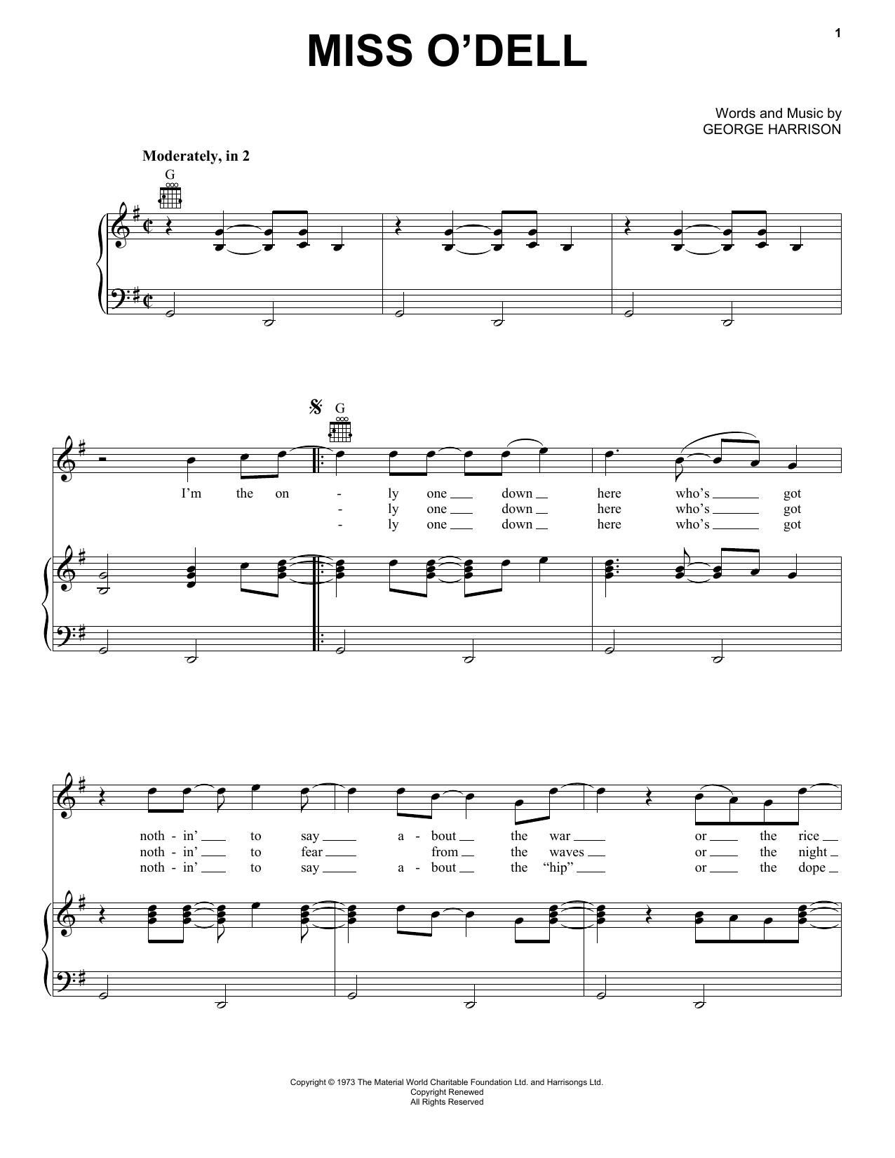 George Harrison Miss O'Dell Sheet Music Notes & Chords for Piano, Vocal & Guitar (Right-Hand Melody) - Download or Print PDF