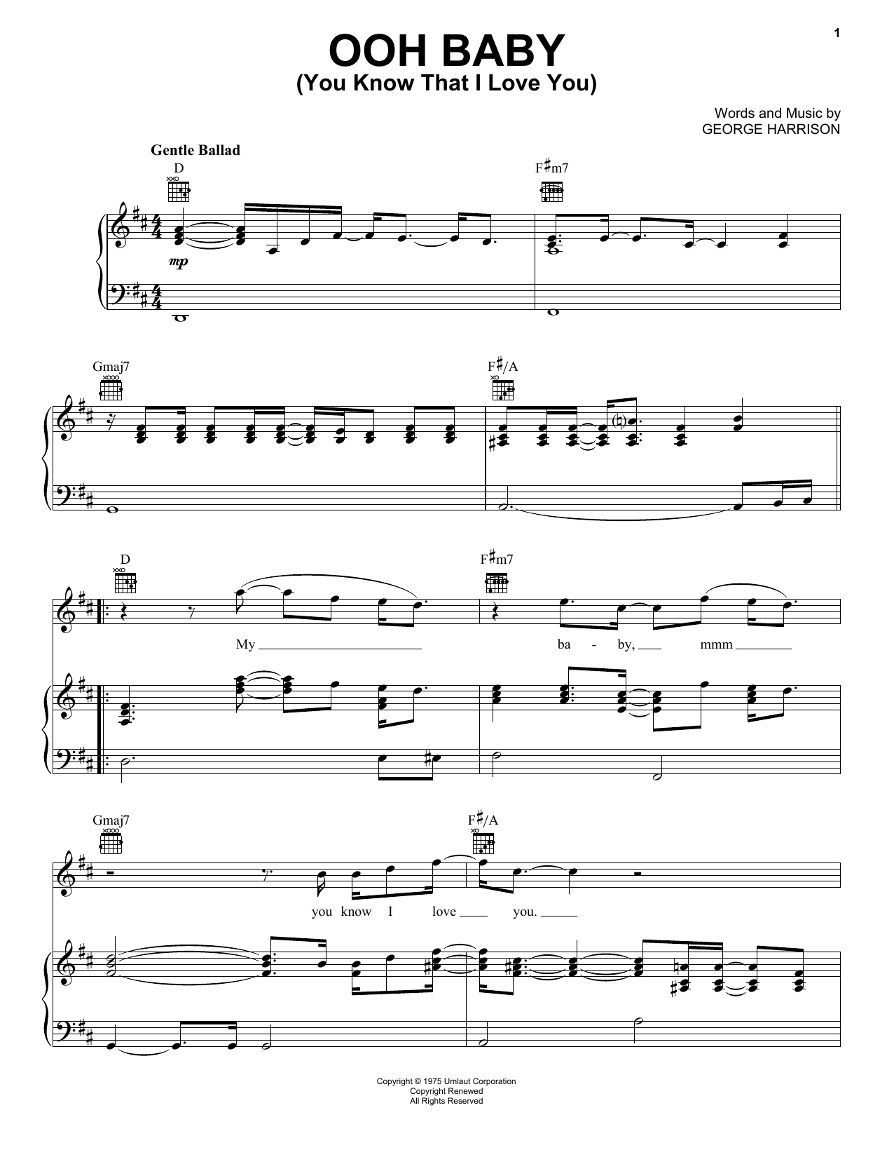 George Harrison Ooh Baby (You Know That I Love You) Sheet Music Notes & Chords for Piano, Vocal & Guitar (Right-Hand Melody) - Download or Print PDF