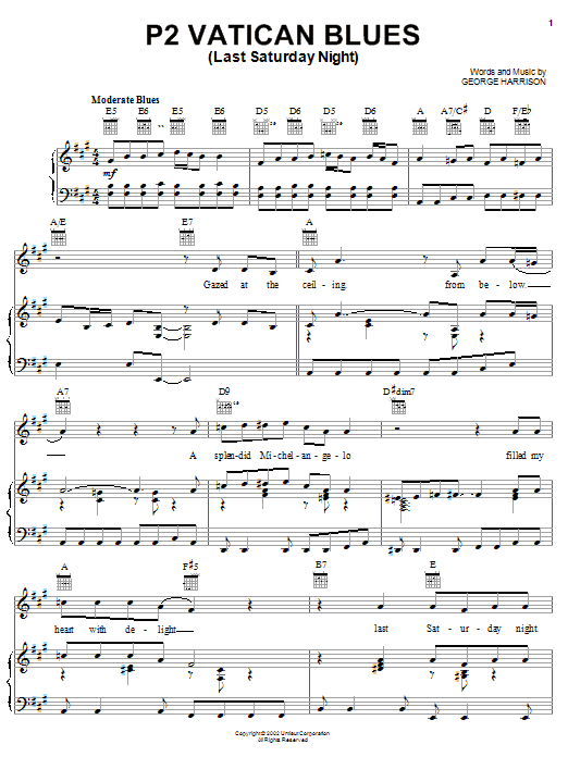 George Harrison P2 Vatican Blues (Last Saturday Night) Sheet Music Notes & Chords for Piano, Vocal & Guitar (Right-Hand Melody) - Download or Print PDF