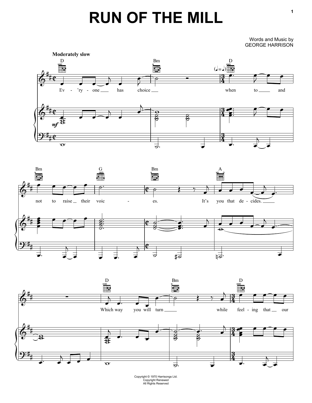 George Harrison Run Of The Mill Sheet Music Notes & Chords for Piano, Vocal & Guitar (Right-Hand Melody) - Download or Print PDF