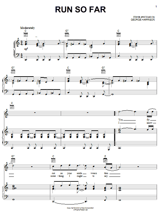 George Harrison Run So Far Sheet Music Notes & Chords for Piano, Vocal & Guitar (Right-Hand Melody) - Download or Print PDF
