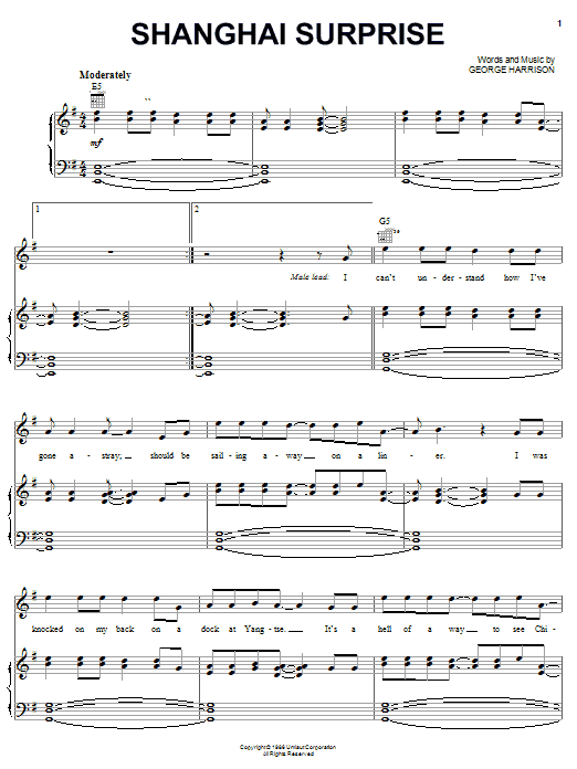 George Harrison Shanghai Surprise Sheet Music Notes & Chords for Piano, Vocal & Guitar (Right-Hand Melody) - Download or Print PDF