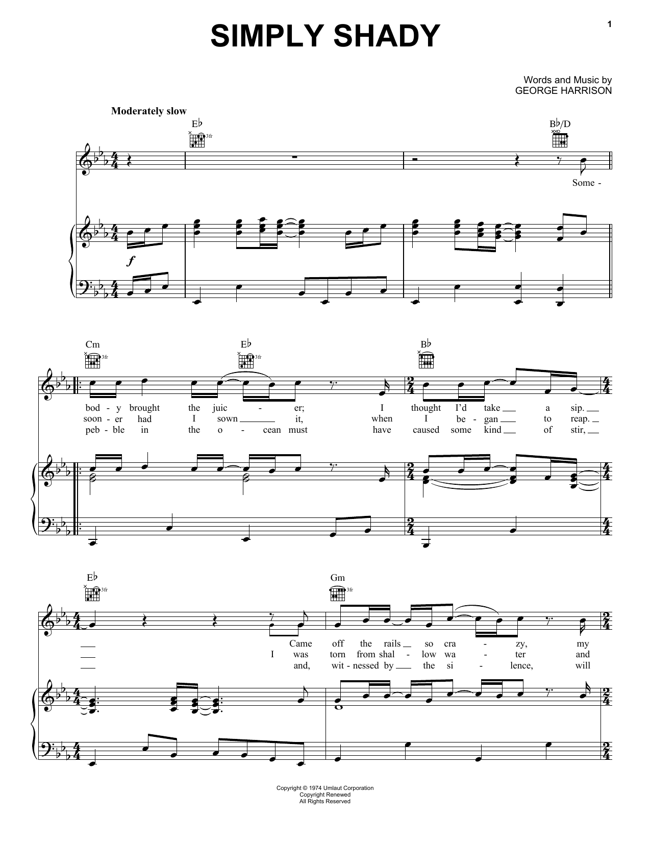 George Harrison Simply Shady Sheet Music Notes & Chords for Piano, Vocal & Guitar (Right-Hand Melody) - Download or Print PDF