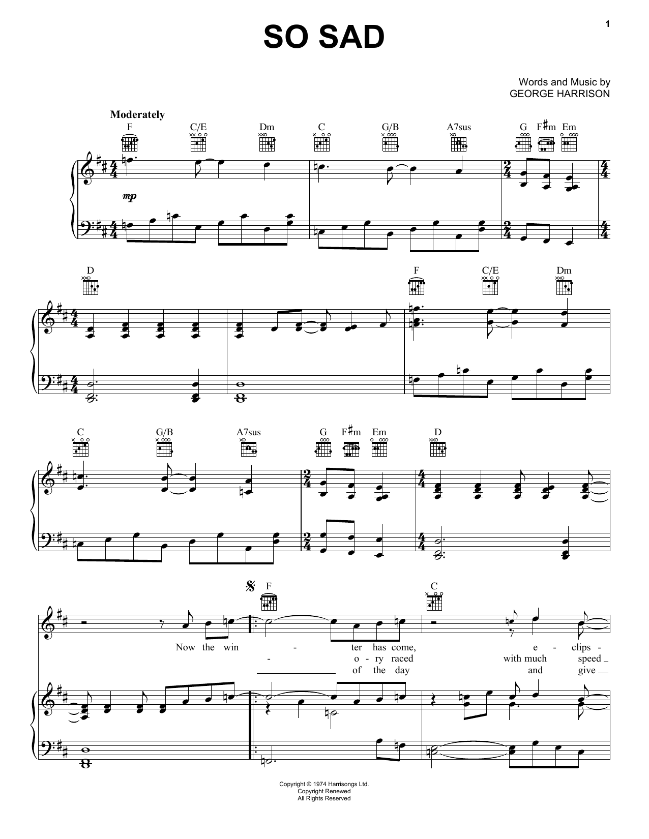 George Harrison So Sad Sheet Music Notes & Chords for Piano, Vocal & Guitar (Right-Hand Melody) - Download or Print PDF